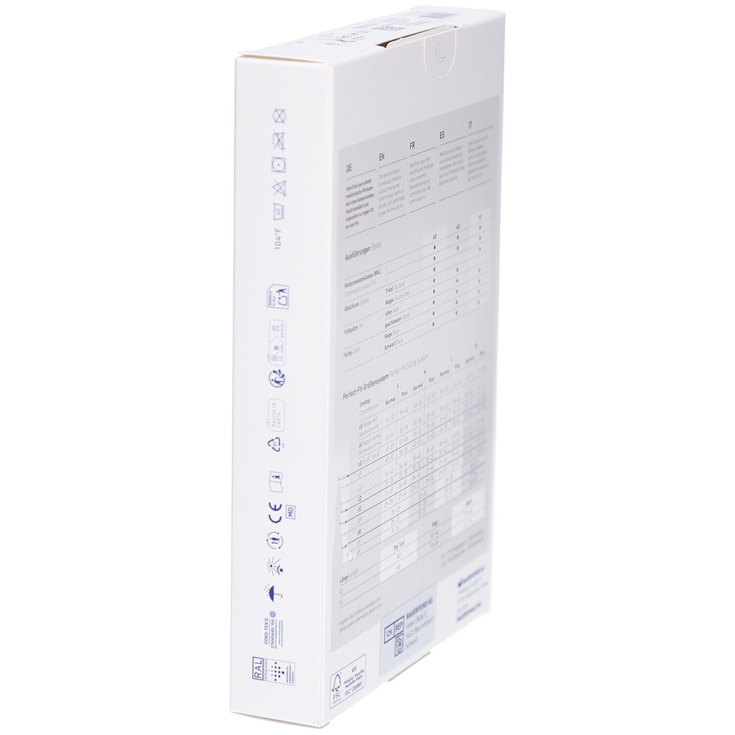Seitenansicht der Verpackung. Waschsymbole und andere Piktogramme. Marke BAUERFEIND. Produktname: VenoTrain pure.