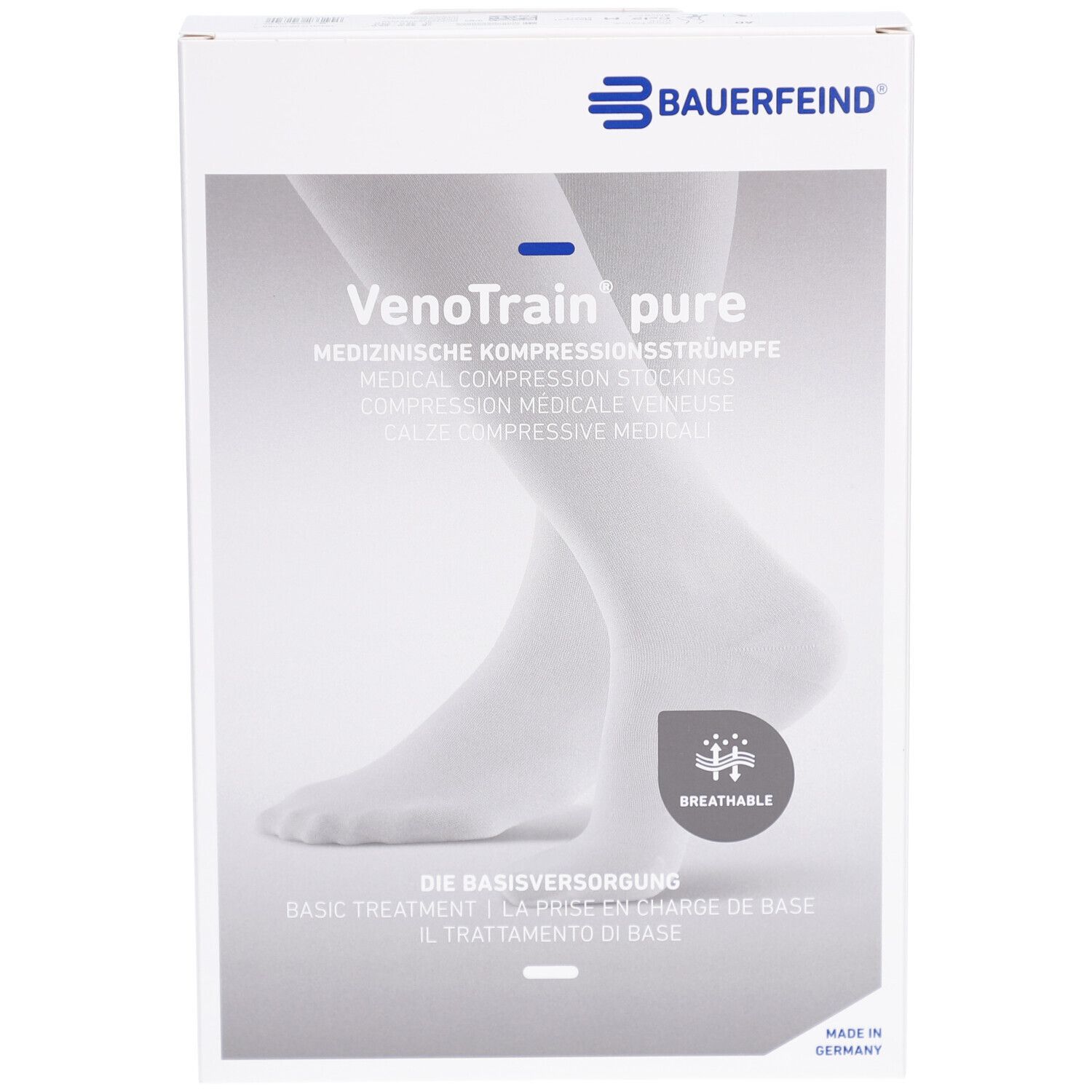 Verpackung mit Kompressionsstrümpfen. Marke BAUERFEIND. Produktname: VenoTrain pure. Abbildung eines Fußes. Text: Medizinische Kompressionsstrümpfe.