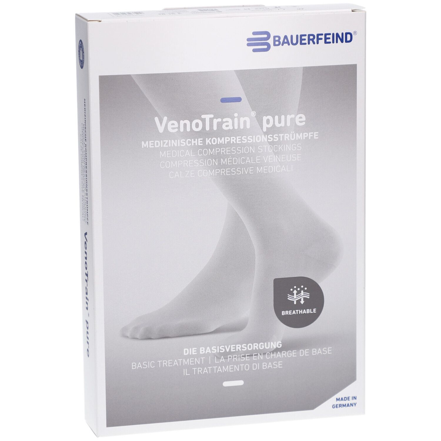 Verpackung mit Kompressionsstrümpfen. Marke BAUERFEIND. Produktname: VenoTrain pure. Abbildung eines Fußes. Text: Medizinische Kompressionsstrümpfe.