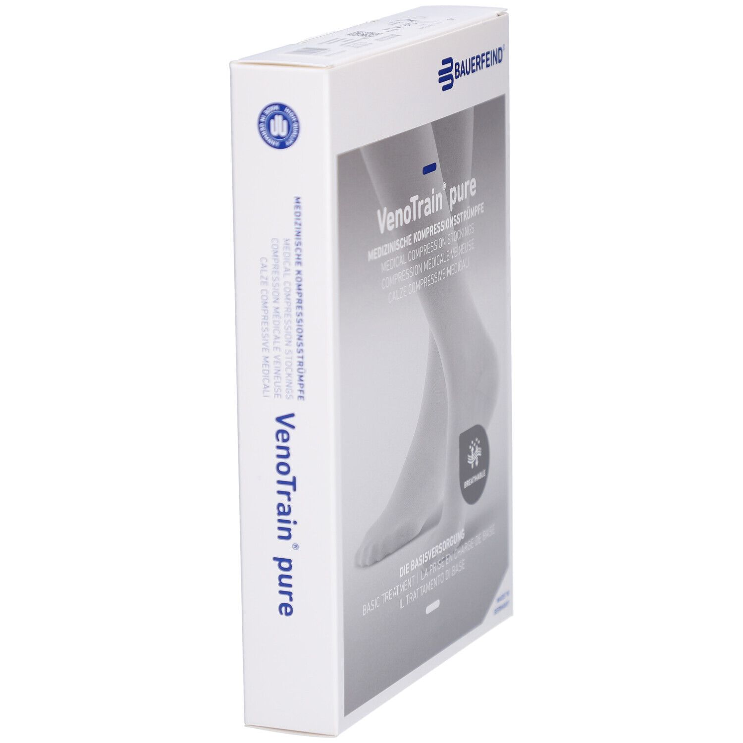 Seitenansicht der Verpackung von BAUERFEIND VenoTrain pure. Logo, Produktname und Produktabbildung.