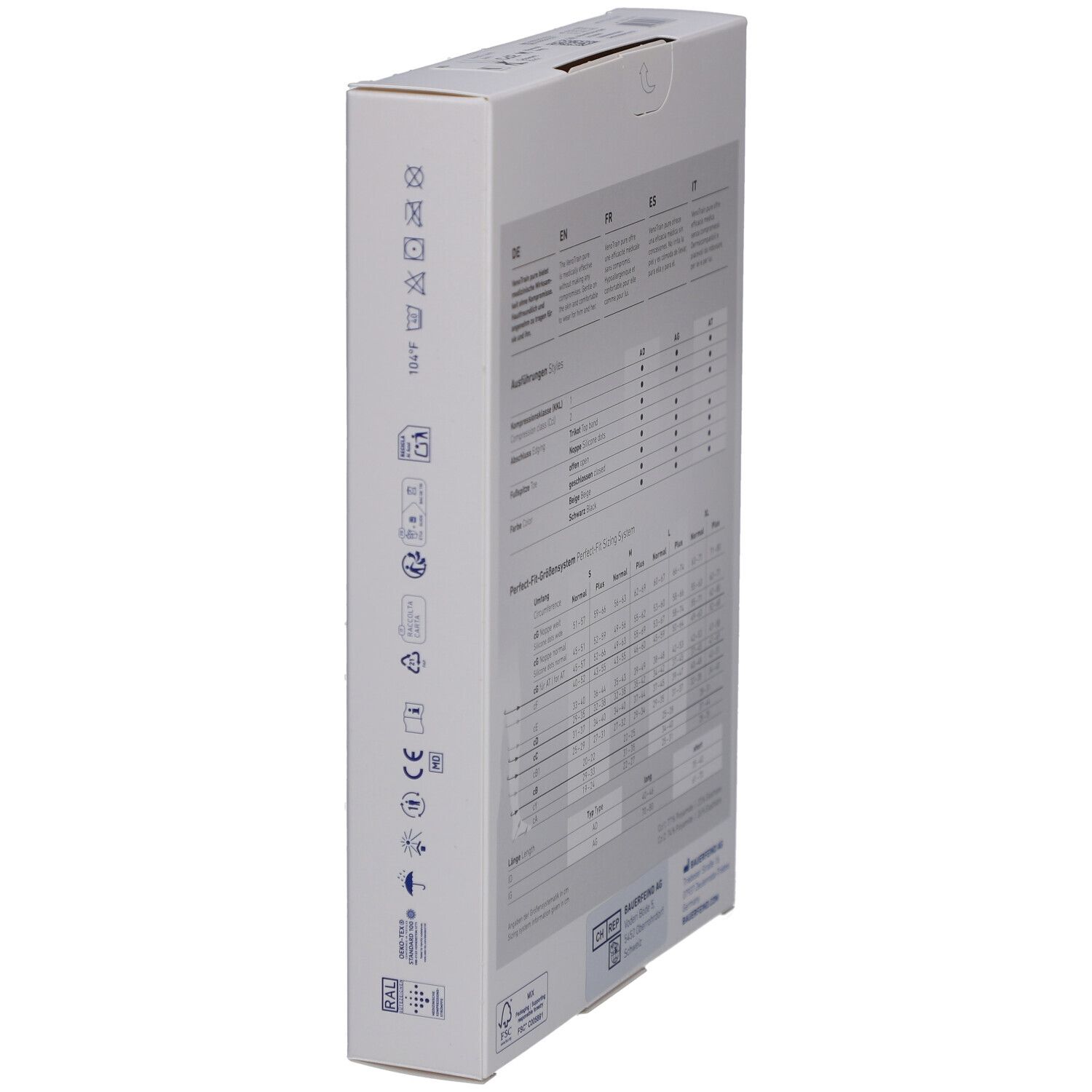 Seitenansicht der Verpackung mit Symbolen und Informationen. Waschsymbole und CE-Kennzeichnung.