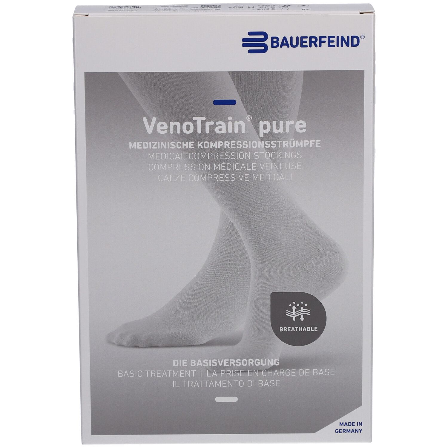 Verpackung von BAUERFEIND VenoTrain pure. Vorderseite mit Produktabbildung und Logo. 'Breathable'.