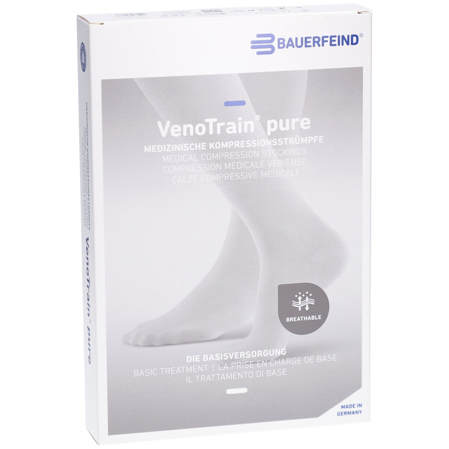 Verpackung von BAUERFEIND VenoTrain pure. Vorderseite mit Produktabbildung und Logo. 'Breathable'.