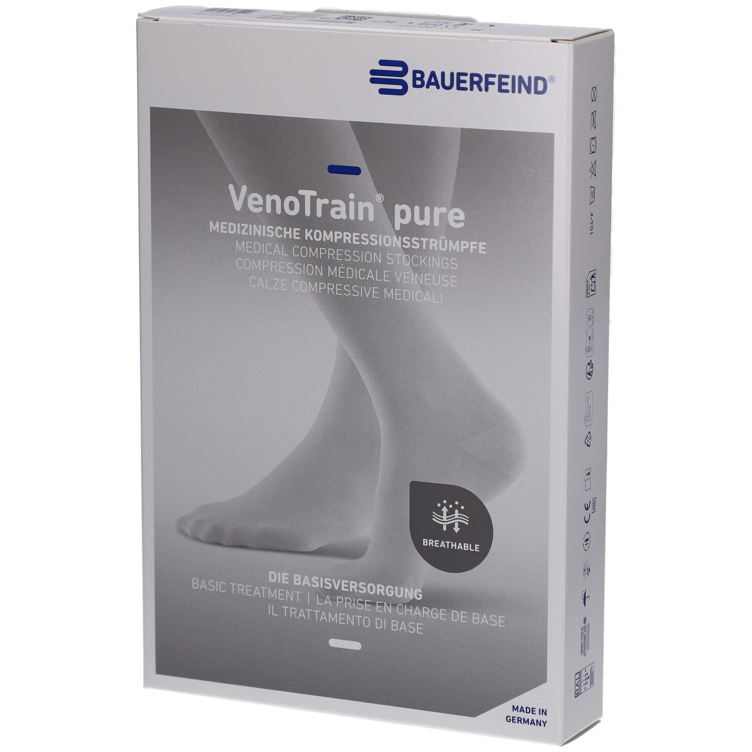Verpackung mit Kompressionsstrümpfen. Marke: BAUERFEIND. Text: VenoTrain pure, medizinische Kompressionsstrümpfe. Motiv: Füße. Atmungsaktiv.