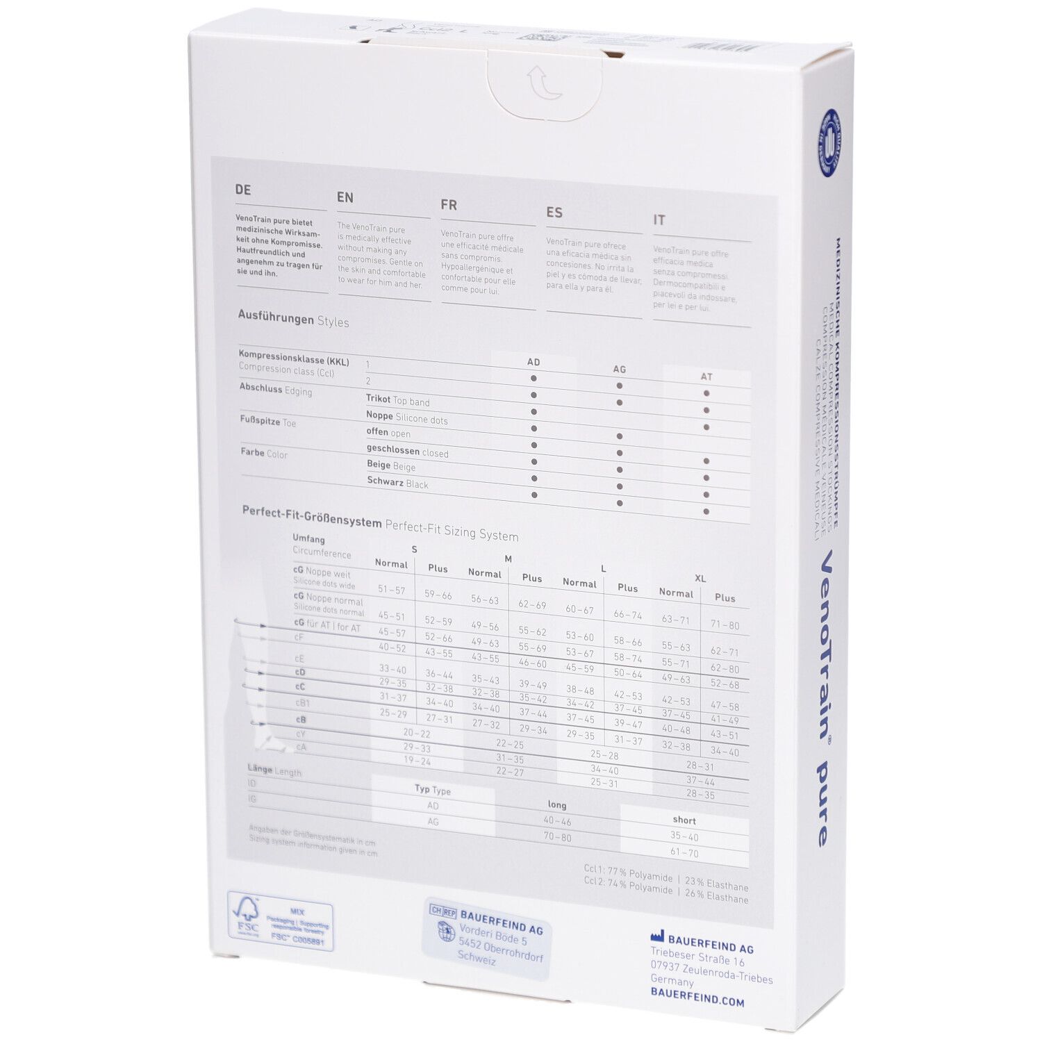Rückseite der Verpackung. Text: VenoTrain pure. Größentabelle für Kompressionsstrümpfe. Informationen in Deutsch, Englisch, Französisch, Spanisch, Italienisch.
