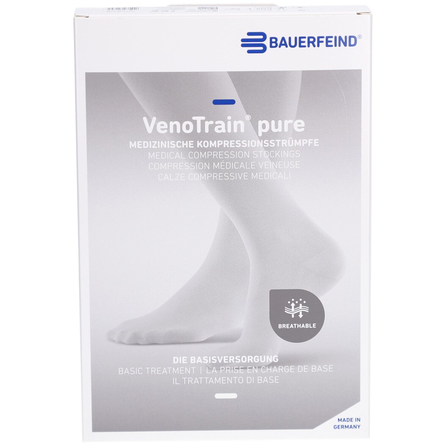 Verpackung mit Kompressionsstrümpfen. Marke: BAUERFEIND. Text: VenoTrain pure, medizinische Kompressionsstrümpfe. Motiv: Füße. Atmungsaktiv.