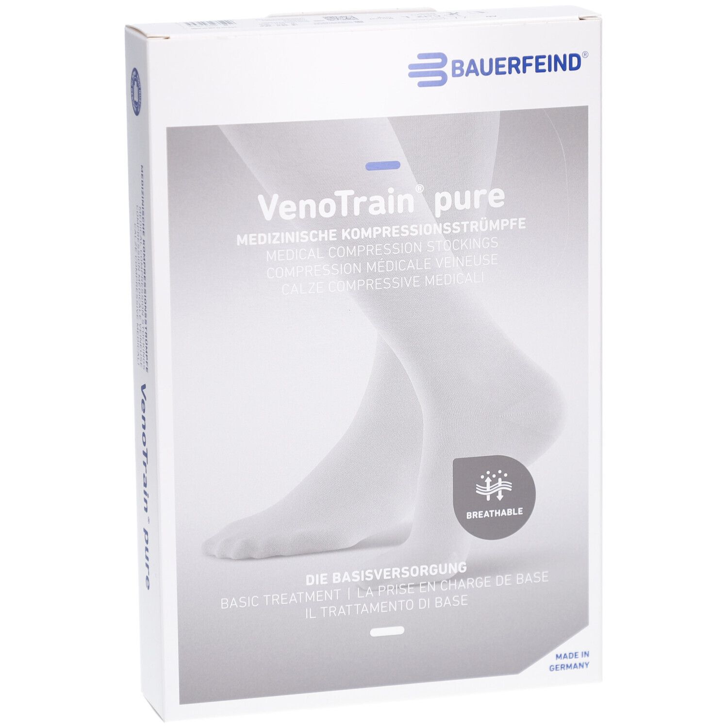 Verpackung mit Kompressionsstrümpfen. Marke: BAUERFEIND. Text: VenoTrain pure, medizinische Kompressionsstrümpfe. Motiv: Füße. Atmungsaktiv.