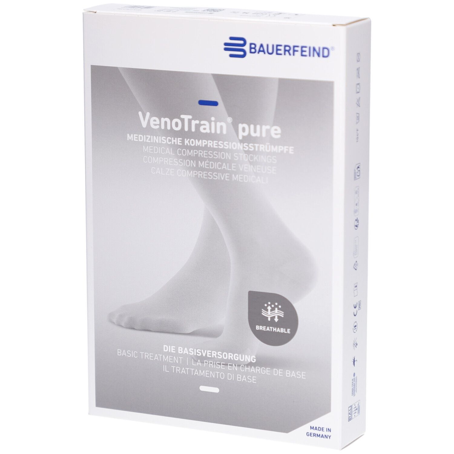 Verpackung mit Kompressionsstrümpfen. Marke: BAUERFEIND. Aufschrift: VenoTrain pure. Text in Deutsch, Englisch, Französisch und Italienisch. Atmungsaktiv.