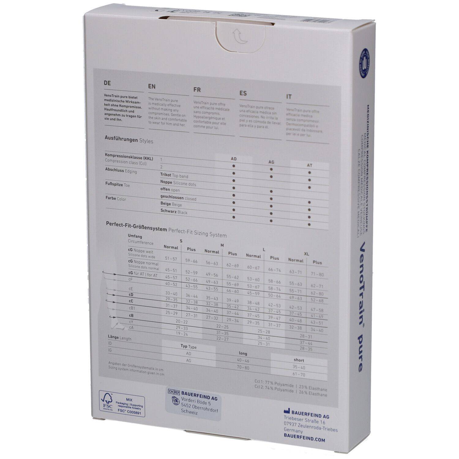 Rückseite der Verpackung mit Größentabelle. Text in Deutsch, Englisch, Französisch, Spanisch und Italienisch. Marke: BAUERFEIND. Weißer Karton.