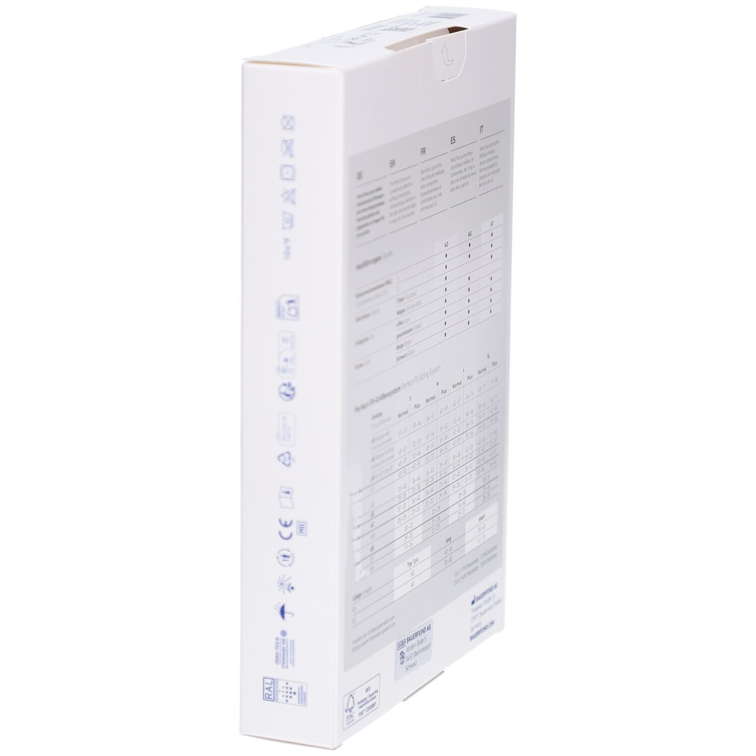 Seitenansicht der Verpackung. Symbole für Pflegehinweise. Marke: BAUERFEIND. Weißer Karton. Text in Deutsch, Englisch, Französisch, Spanisch und Italienisch.
