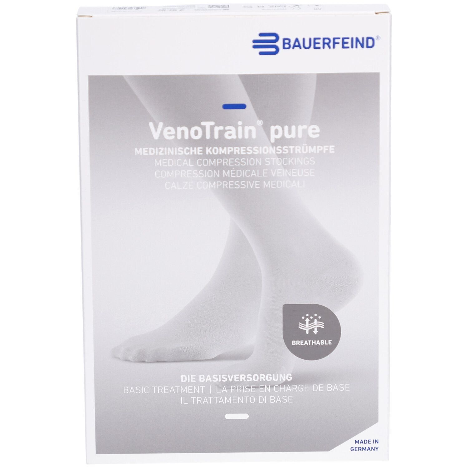 Verpackung mit Kompressionsstrümpfen. Marke: BAUERFEIND. Aufschrift: VenoTrain pure. Text in Deutsch, Englisch, Französisch und Italienisch. Atmungsaktiv.