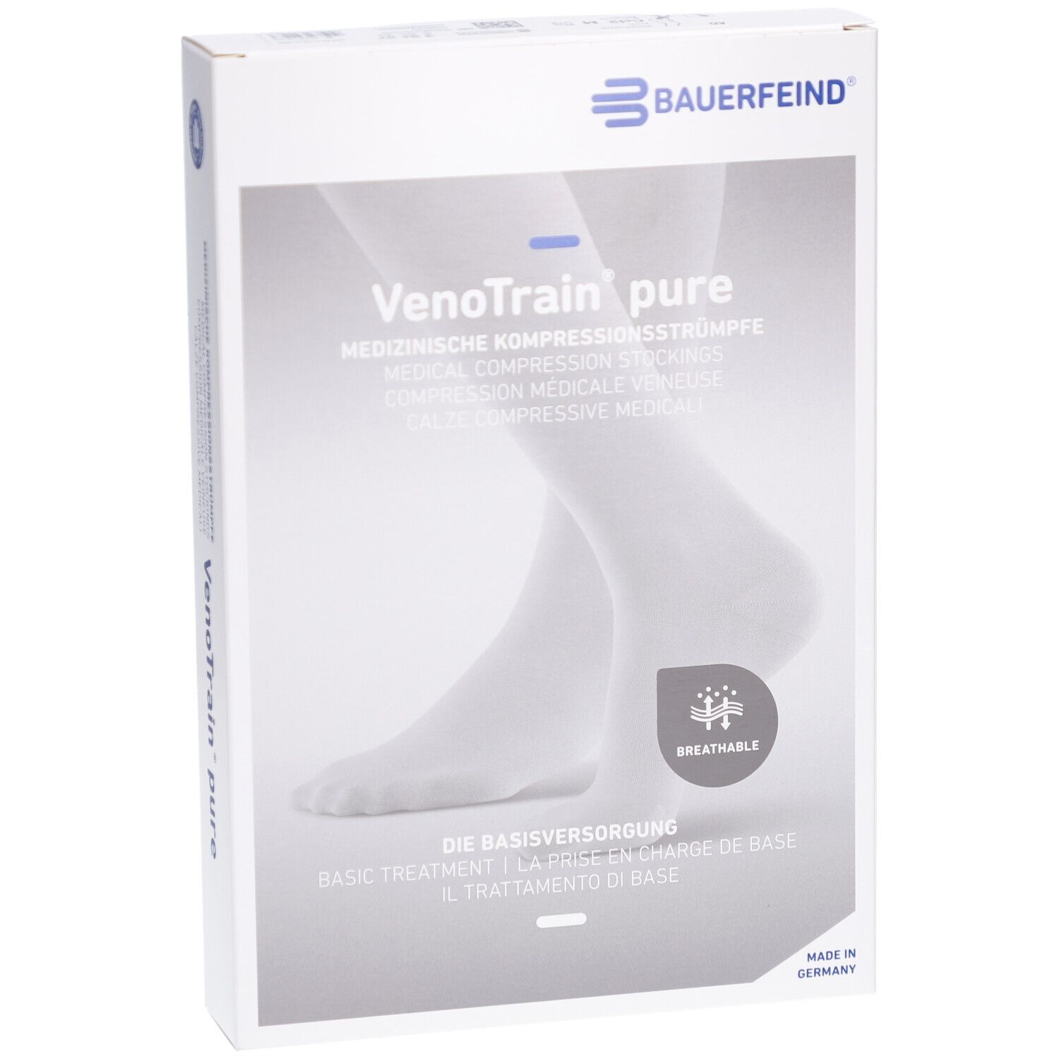 Verpackung mit Kompressionsstrümpfen. Marke: BAUERFEIND. Aufschrift: VenoTrain pure. Text in Deutsch, Englisch, Französisch und Italienisch. Atmungsaktiv.