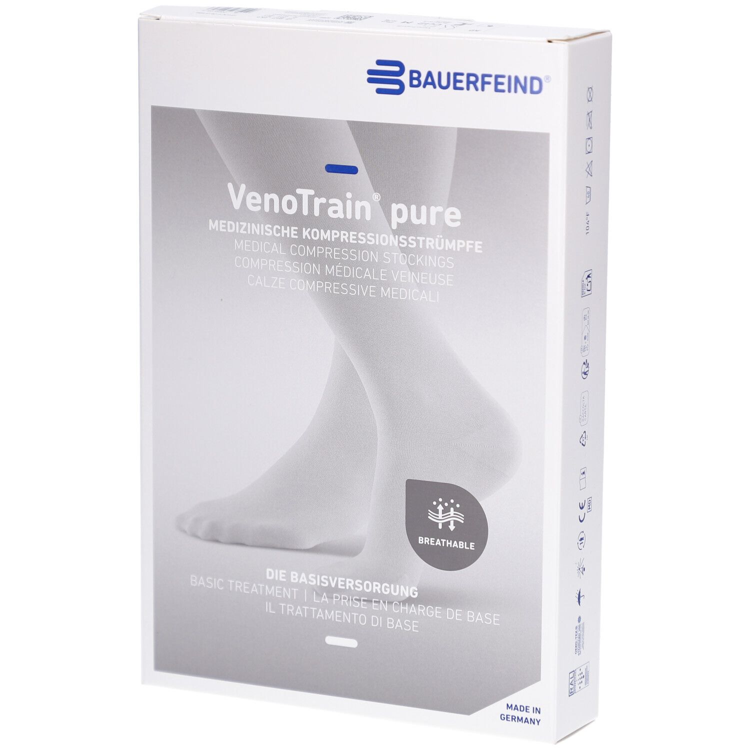 Verpackung mit Kompressionsstrümpfen. Marke Bauerfeind, Produktname VenoTrain pure. Text: Medizinische Kompressionsstrümpfe.