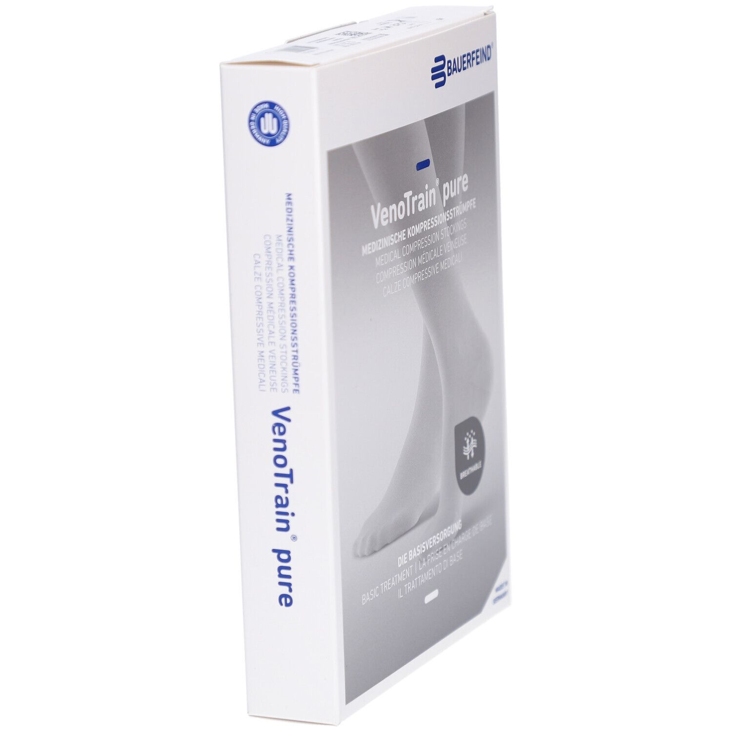 Verpackung, seitliche Ansicht. Marke Bauerfeind, Produktname VenoTrain pure. Text: Medizinische Kompressionsstrümpfe.