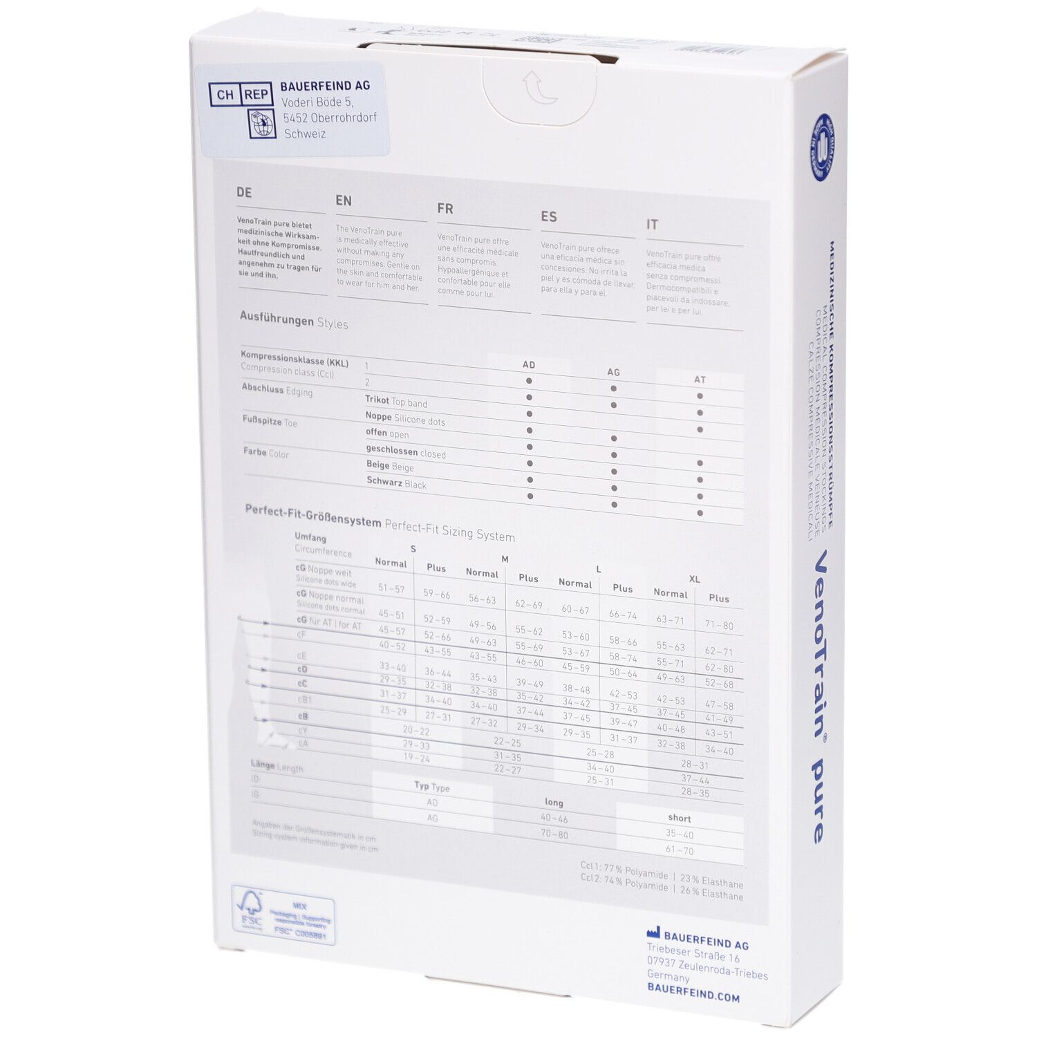 Rückseite der Verpackung. Produktname VenoTrain pure. Tabellen mit Größenangaben und Produktinformationen in mehreren Sprachen.