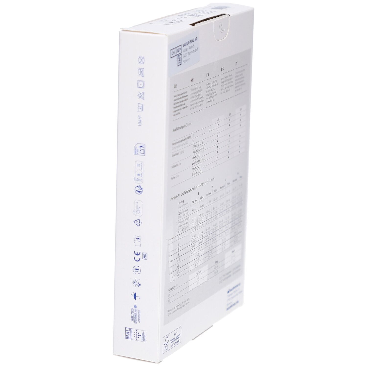 Seitenansicht der Verpackung. Produktname VenoTrain pure. Piktogramme und Informationen.