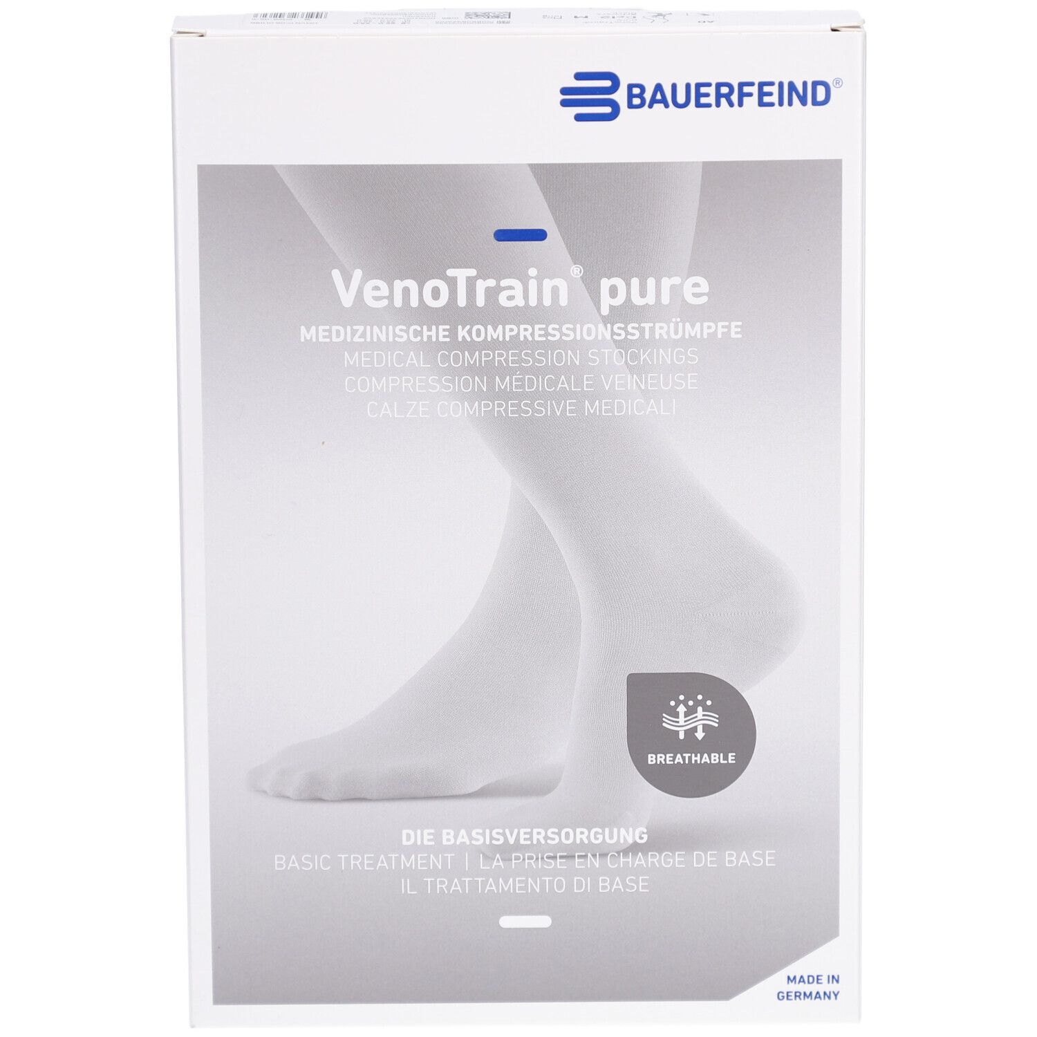 Verpackung mit Kompressionsstrümpfen. Marke Bauerfeind, Produktname VenoTrain pure. Text: Medizinische Kompressionsstrümpfe.