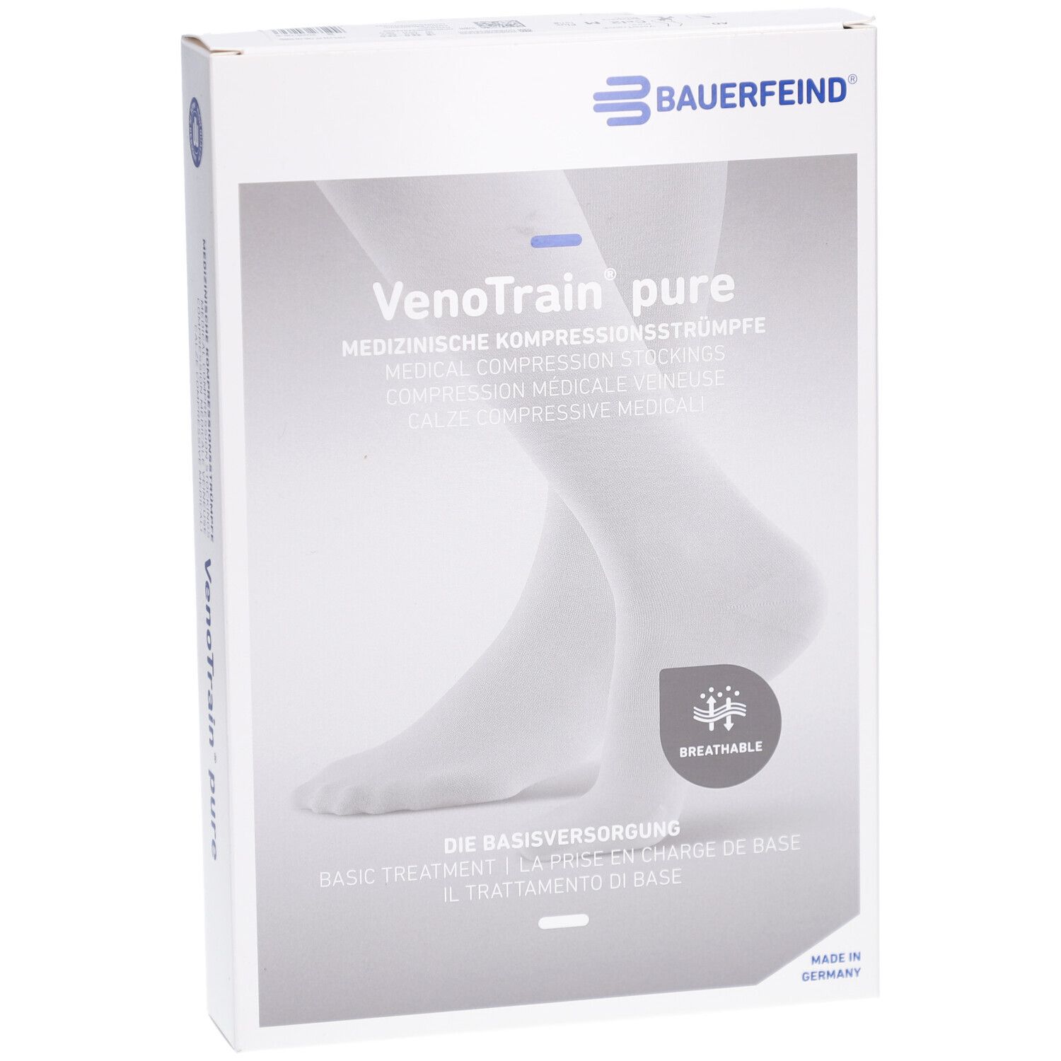 Verpackung mit Kompressionsstrümpfen. Marke Bauerfeind, Produktname VenoTrain pure. Text: Medizinische Kompressionsstrümpfe.