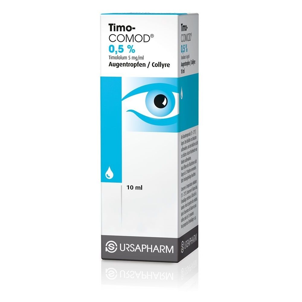 Verpackung von Augentropfen. Aufschrift: Timo-COMOD 0,5 %. Enthält 10 ml. Marke: URSAPHARM. Abbildung eines Auges.