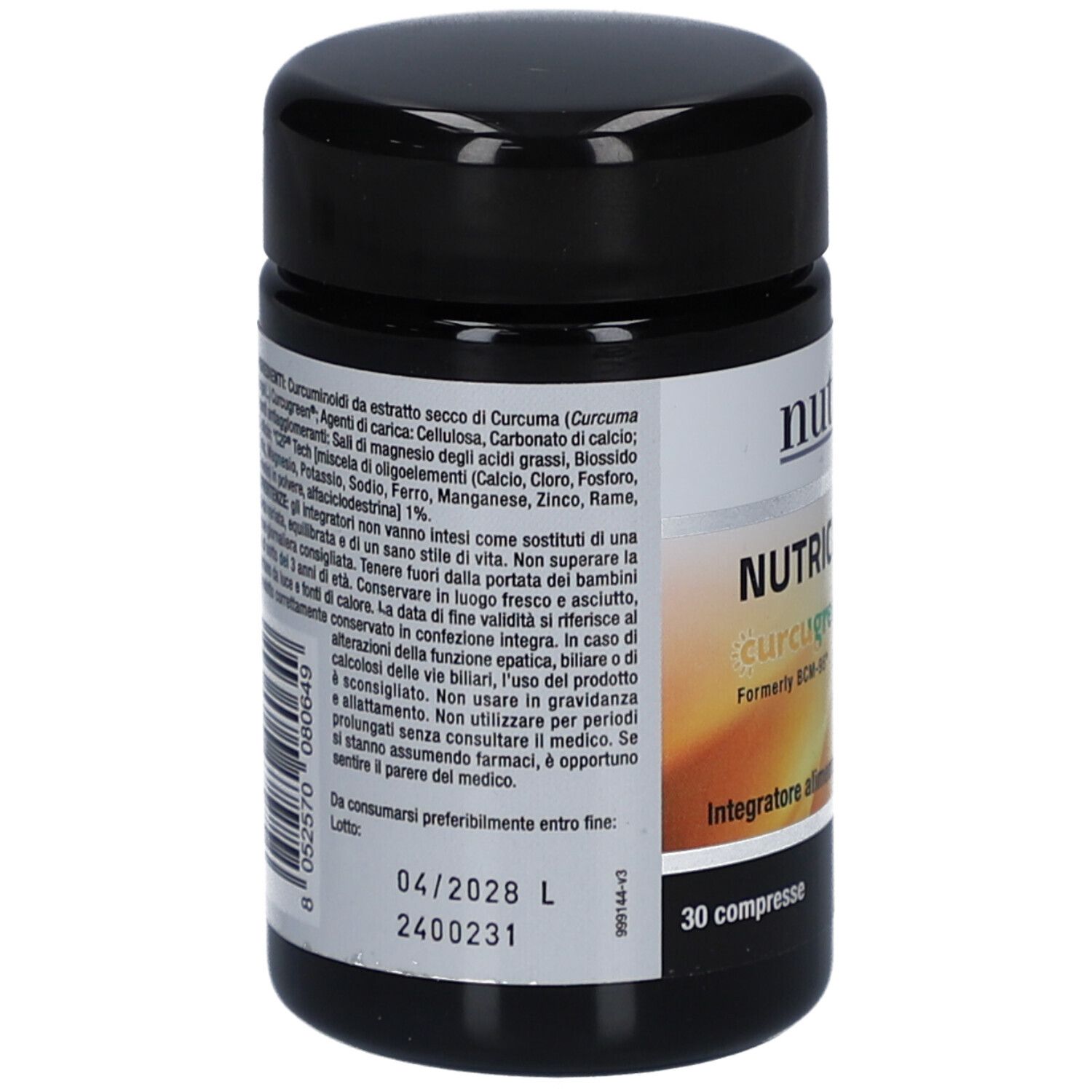 Dos de la boîte noire. Texte avec ingrédients et date de péremption. 30 comprimés. Complément alimentaire.