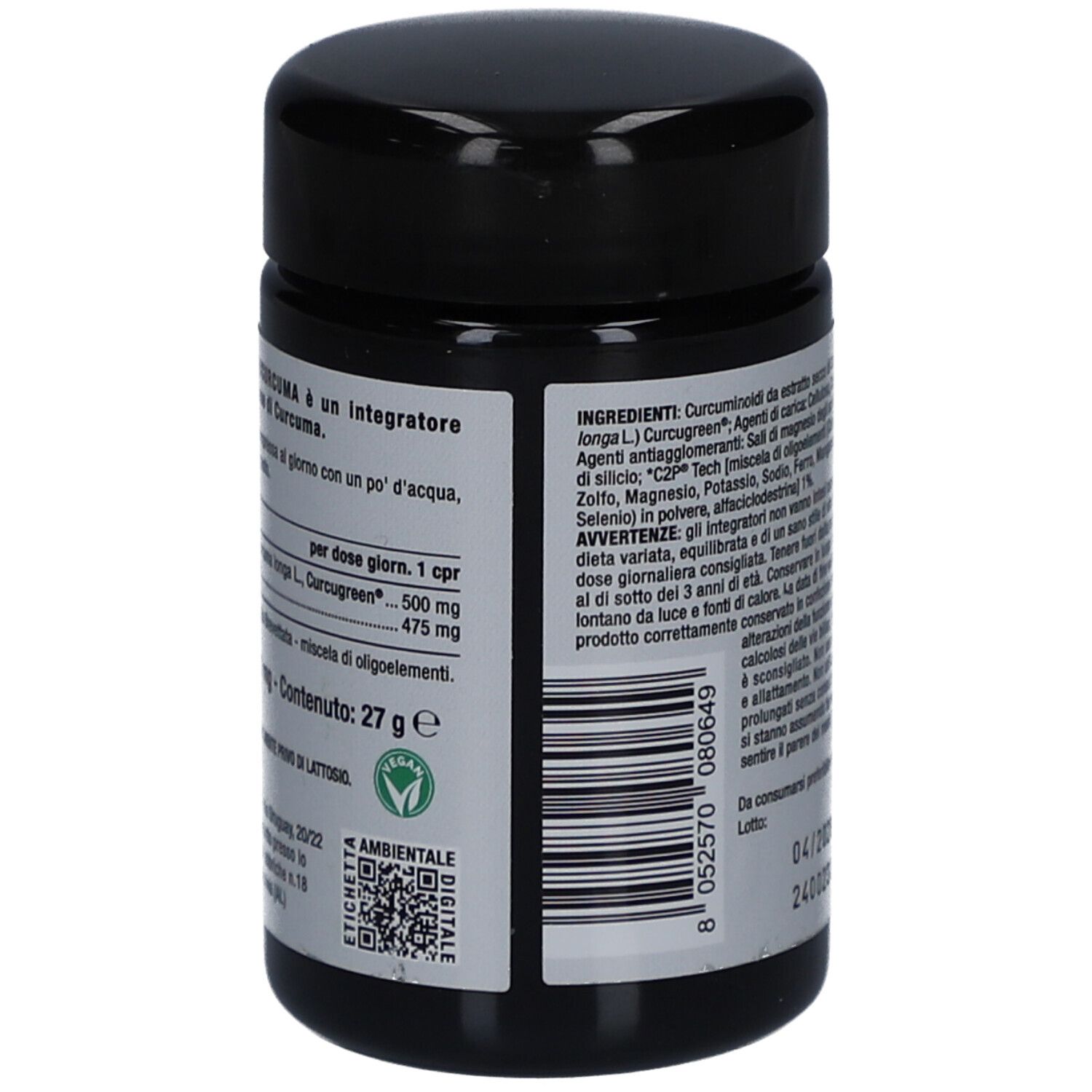 Boîte noire, vue latérale. Texte avec ingrédients et indication de contenu : 27g. Sceau végétalien.