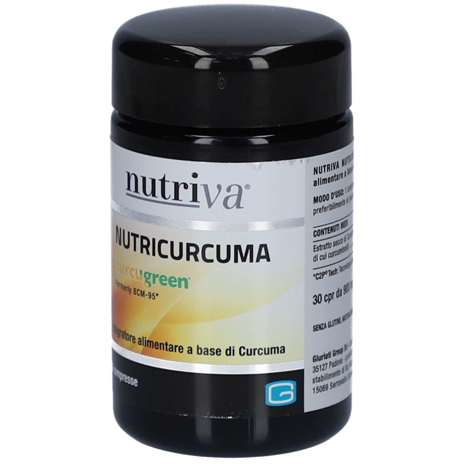 Boîte noire avec étiquette blanche. Inscription : Nutriva, Nutricurcuma, Curcugreen. 30 comprimés. Complément alimentaire.