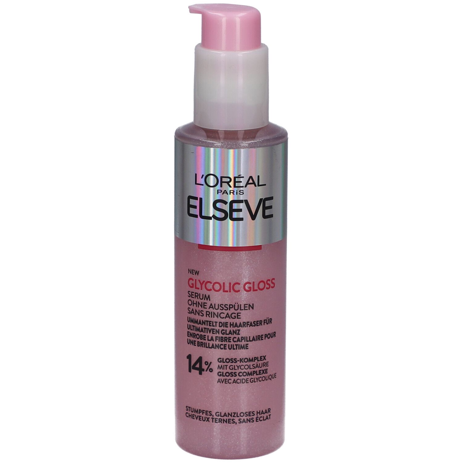 Flacon de sérum rose avec pompe. L'Oréal Paris Elseve Glycolic Gloss. Texte : 14% Complexe Brillance.