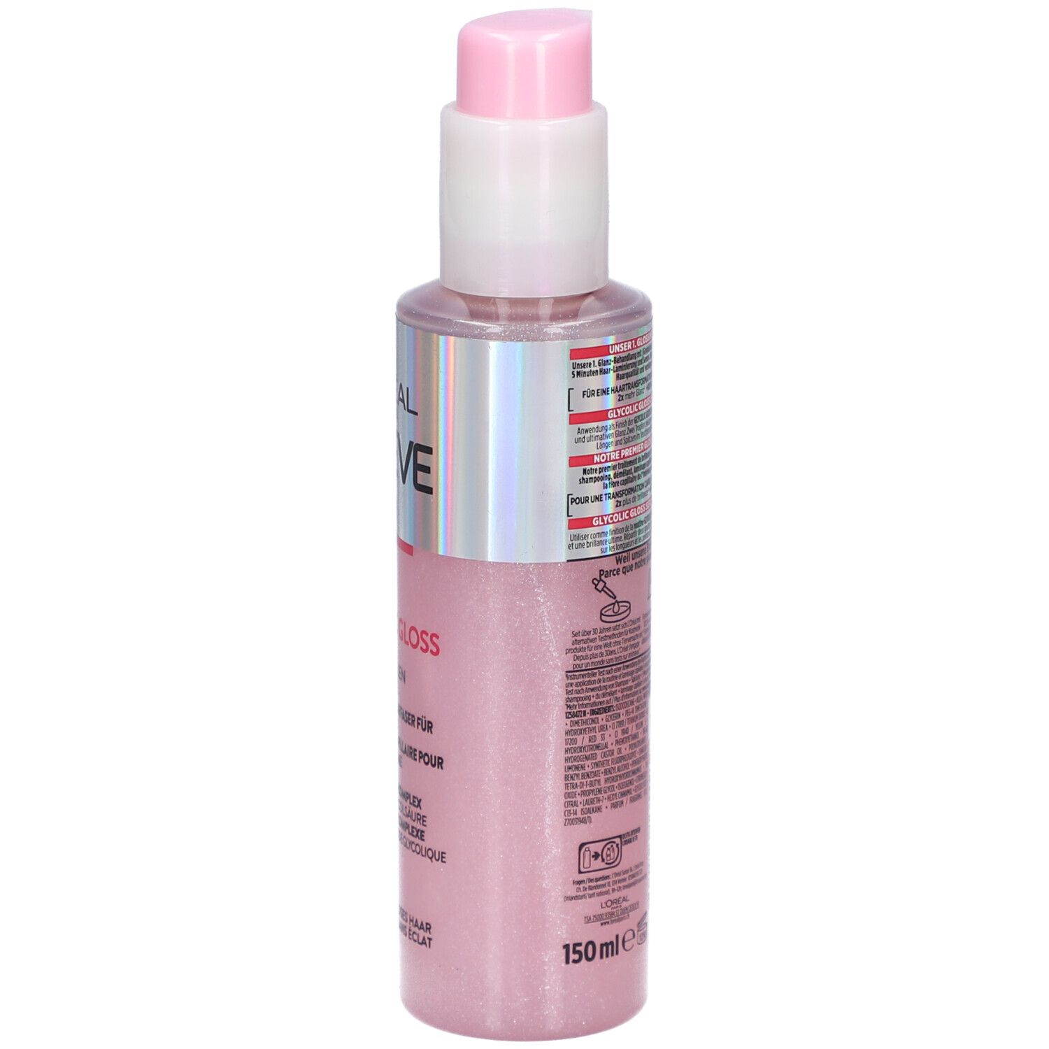 Dos du flacon de sérum. Texte et symboles. L'Oréal Paris Elseve Glycolic Gloss. Liquide rose.