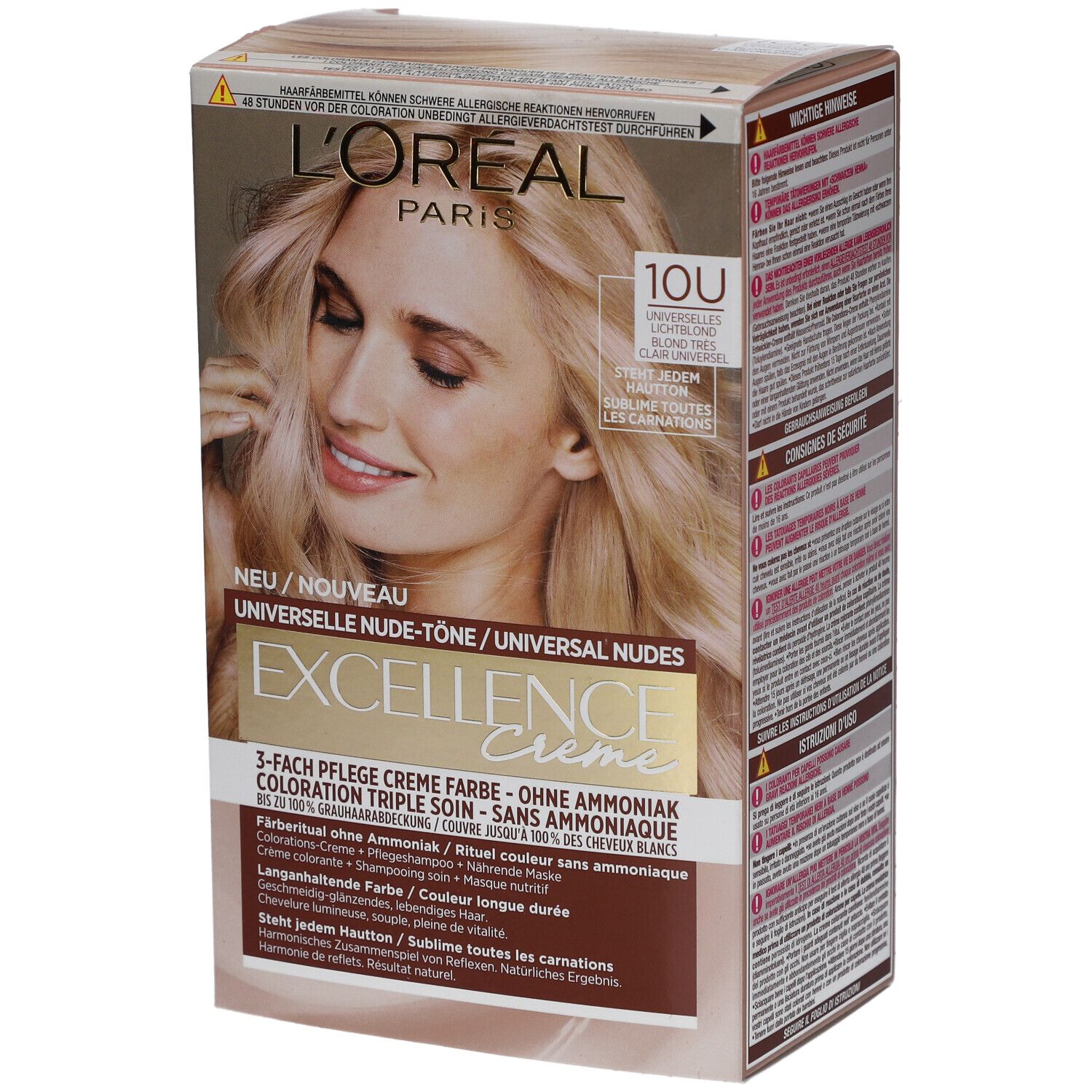 Boîte L'Oréal Paris Excellence Creme. Blond Ultra Hell 10U. Femme blonde. Texte: Sans ammoniaque.