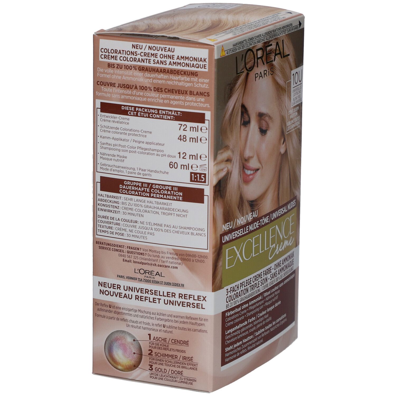 Dos de la boîte L'Oréal Paris Excellence Creme. Contient crème, shampooing, masque. Texte: Sans ammoniaque, 100% de couverture des cheveux blancs.