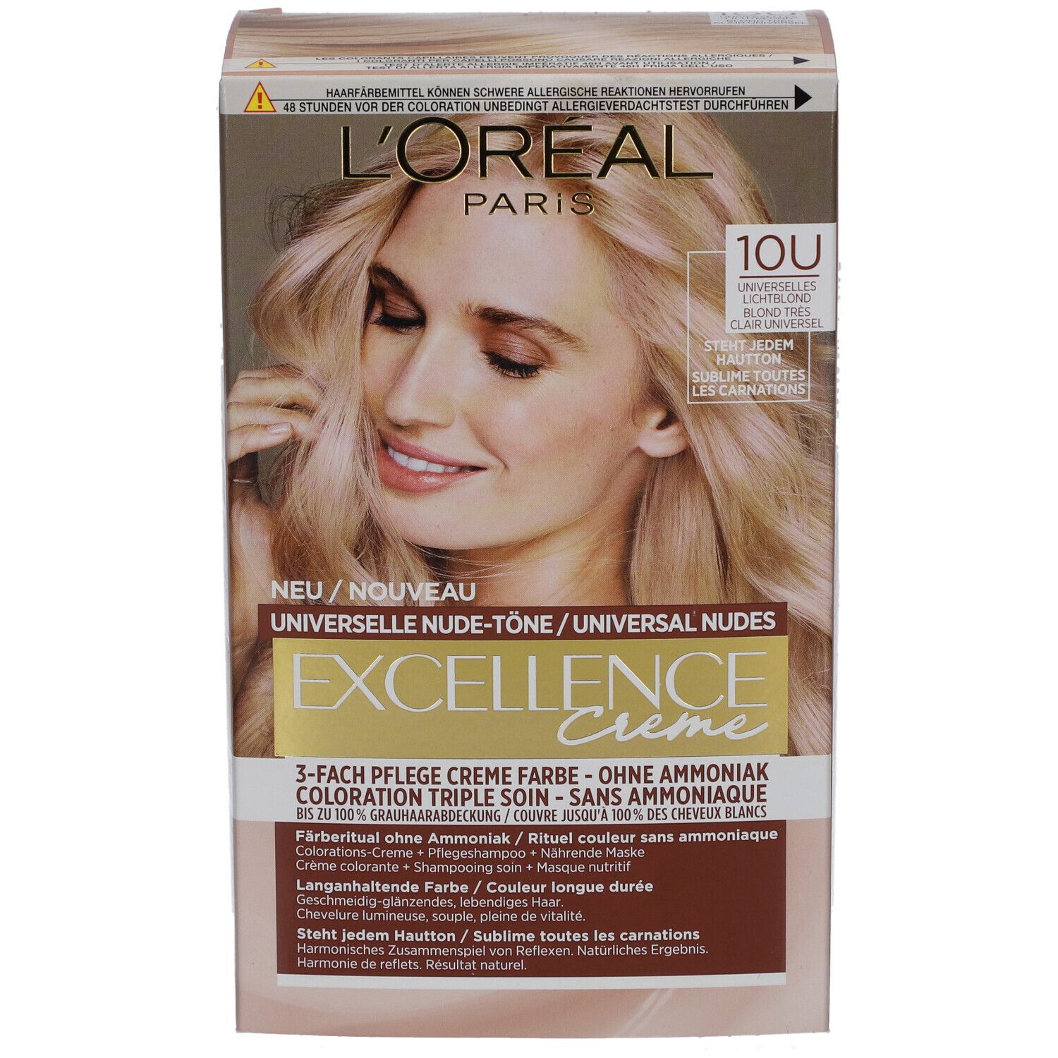 Boîte L'Oréal Paris Excellence Creme. Blond Ultra Hell 10U. Femme blonde. Texte: Sans ammoniaque.