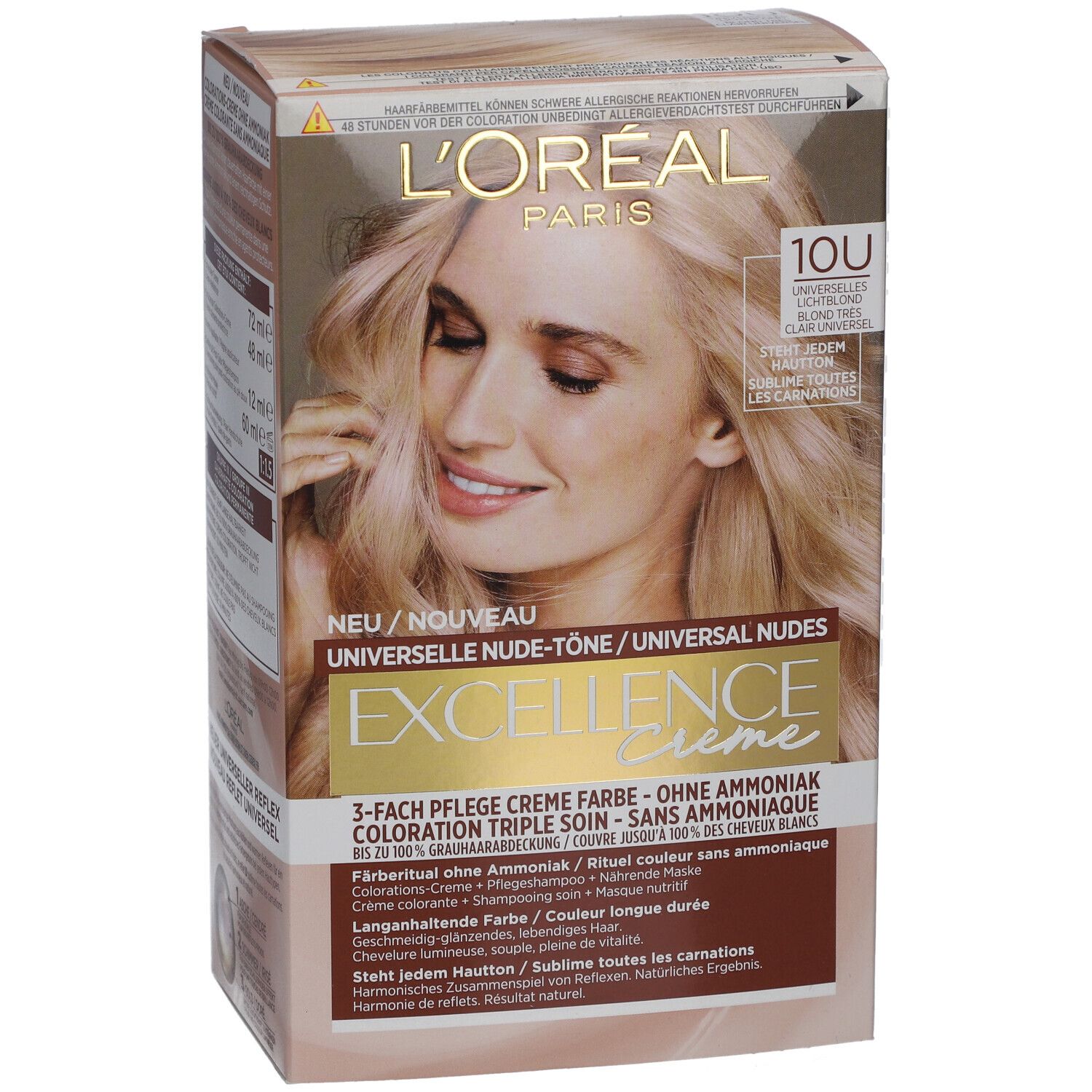 Boîte L'Oréal Paris Excellence Creme. Blond Ultra Hell 10U. Femme blonde. Texte: Sans ammoniaque.