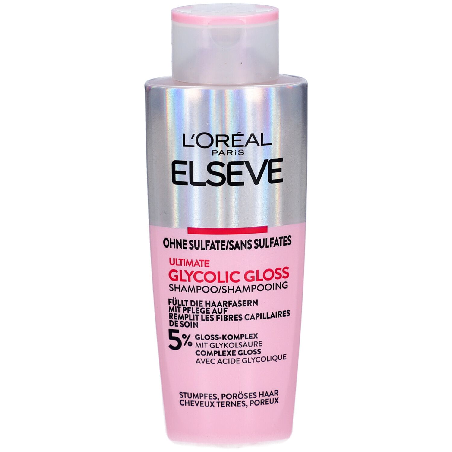 Flacon de shampooing L'Oréal Elseve. Bouchon rose, étiquette avec texte: Glycolic Gloss, sans sulfates. 5% complexe gloss.