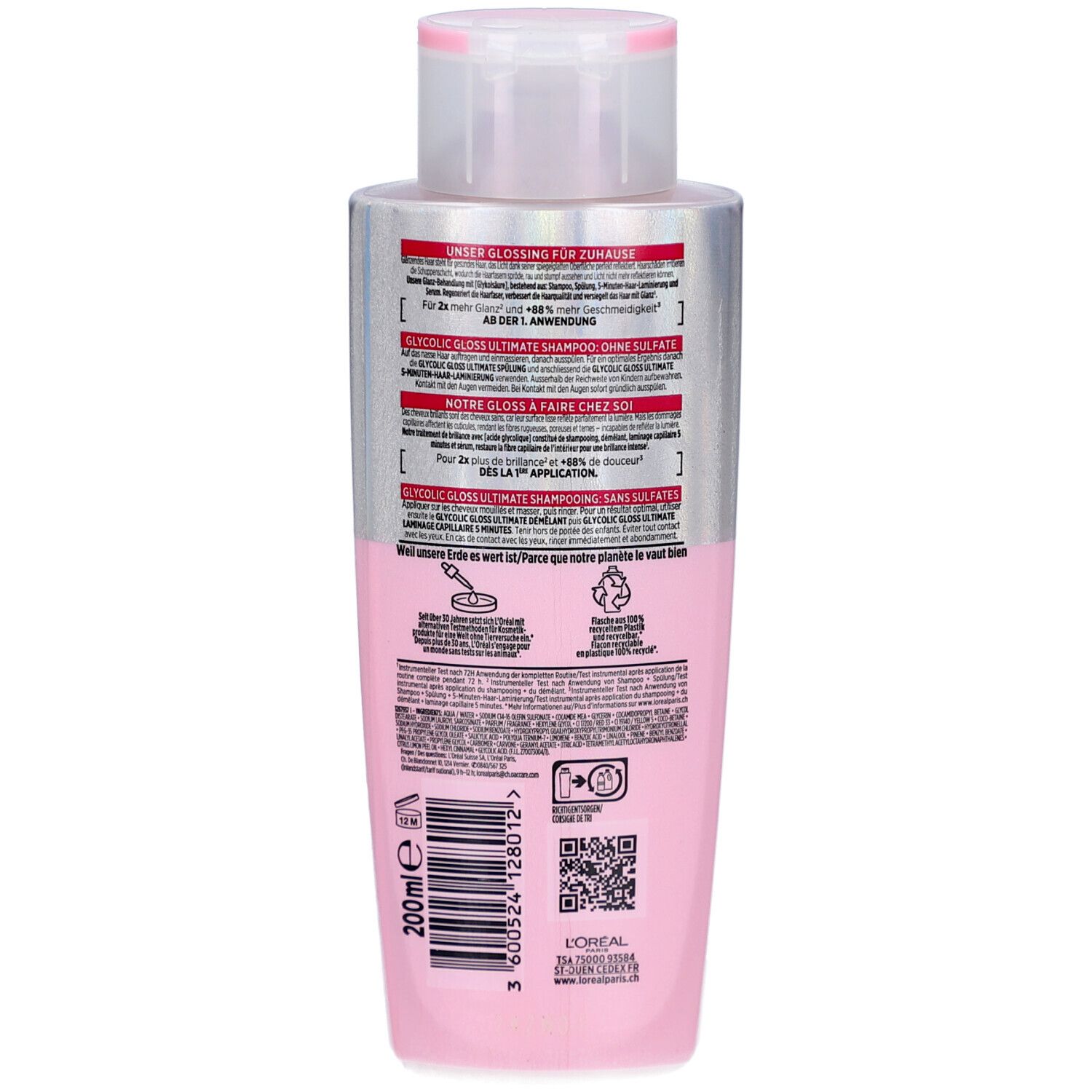 Dos du flacon de shampooing L'Oréal Elseve. Étiquette rose et argentée avec texte. 200ml. Code QR et symbole de recyclage.