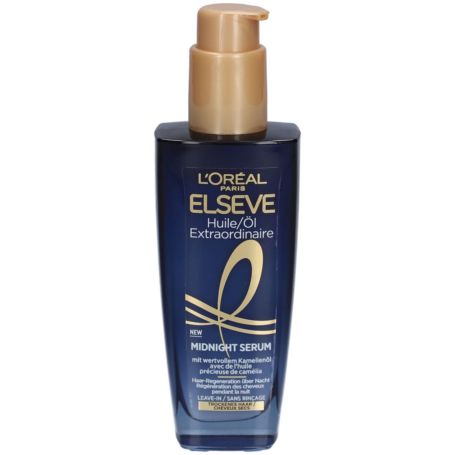 Dunkelblaue Flasche mit goldfarbenem Pumpkopf. Aufschrift: L'ORÉAL PARIS ELSEVE Huile Extraordinaire Midnight Serum.