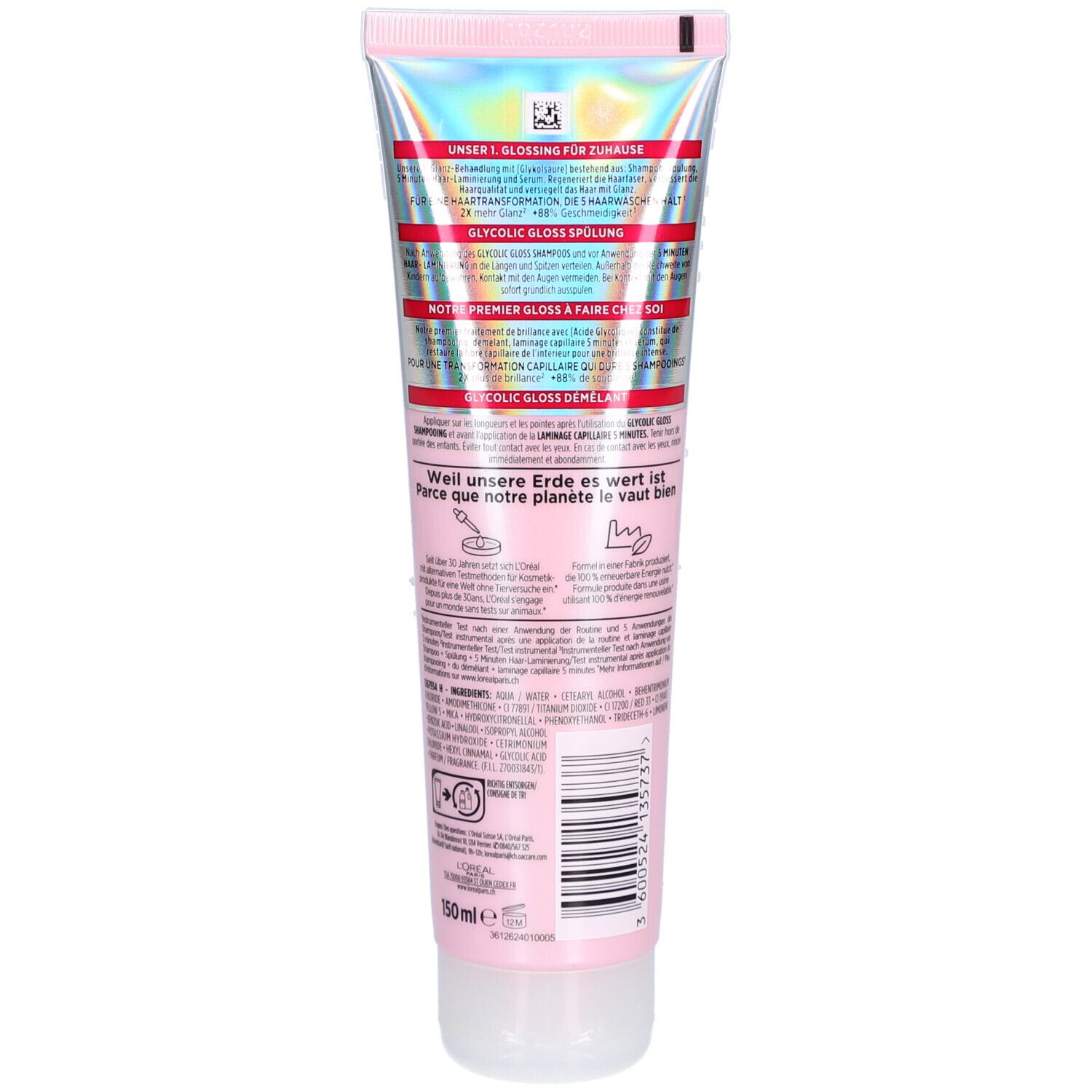 Rückseite der rosa Tube L'Oréal Paris Elseve Glycolic Gloss. Text und Informationen.