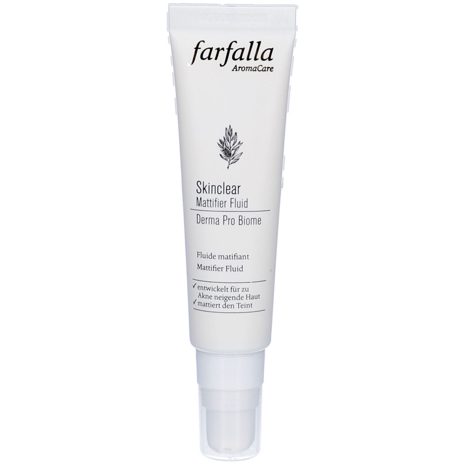 Weiße Tube mit Produktbezeichnung und Logo. Text: Skinclear Mattifier Fluid, Derma Pro Biome. Marke: farfalla.