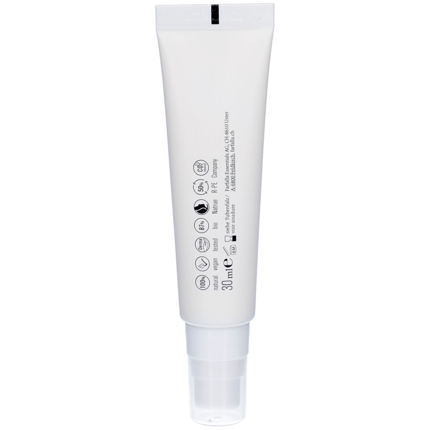 Rückseite der weißen Tube. Text und Logos. Volumen: 30 ml. Zertifizierungen: vegan, 100% natürlich, etc.