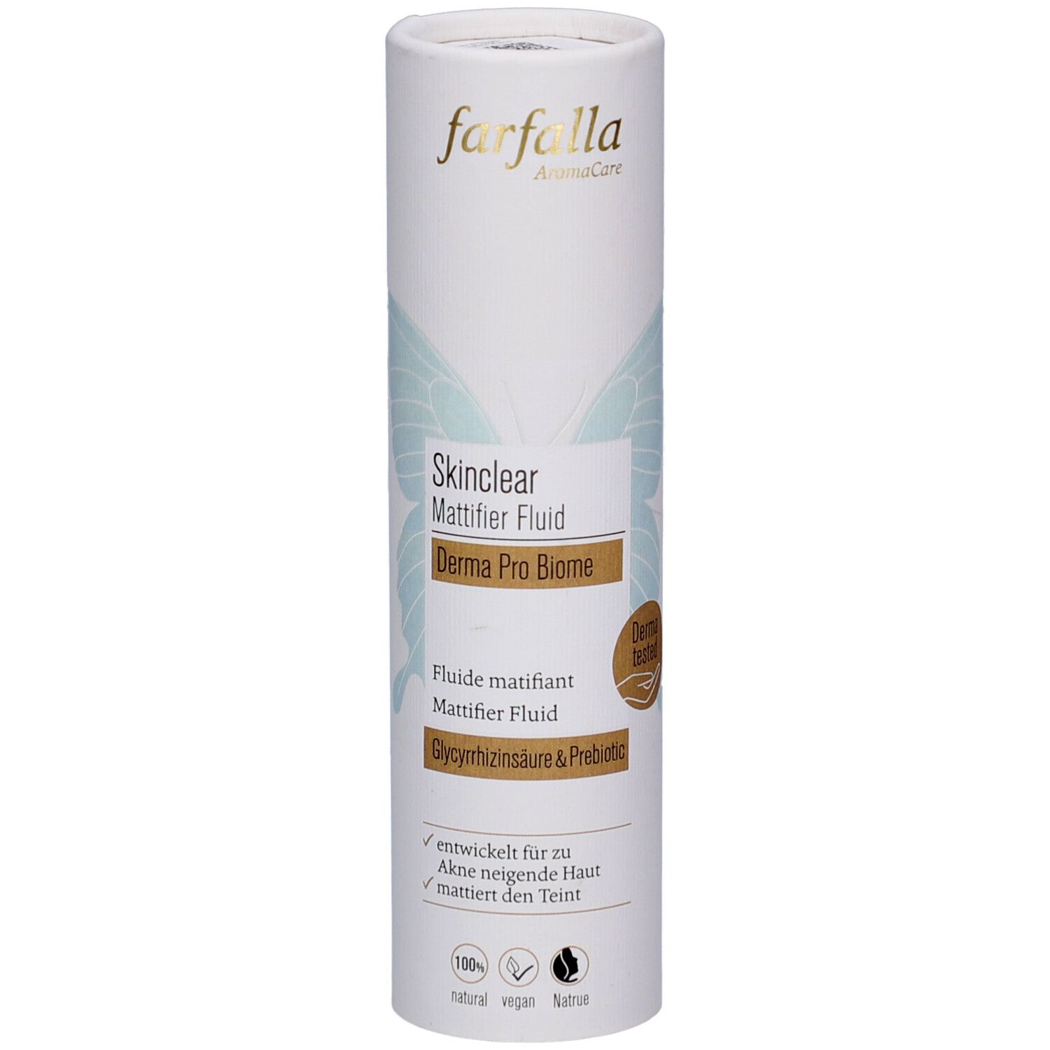 Zylindrische Verpackung. Text: Skinclear Mattifier Fluid, Derma Pro Biome. Marke: farfalla. Mit Produktnamen und Logo.