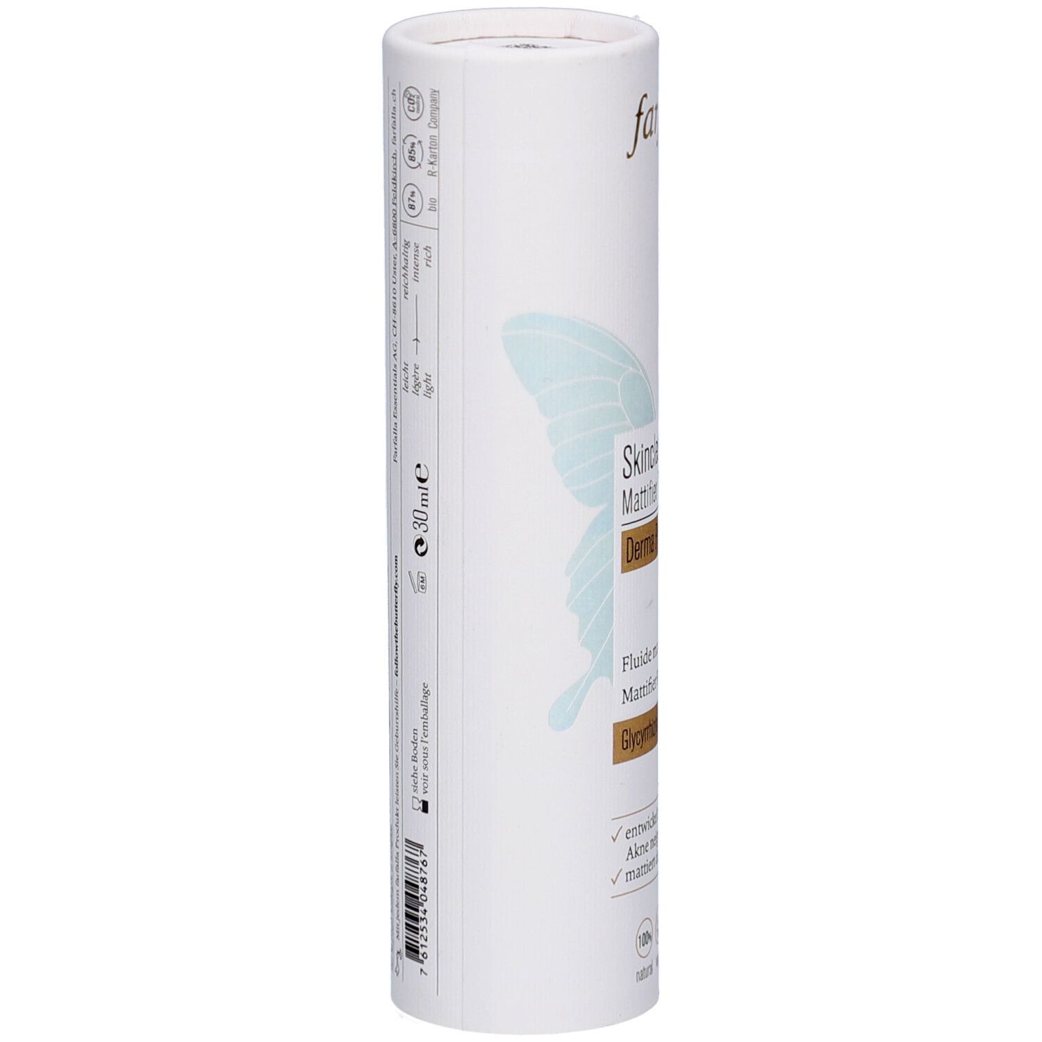 Zylindrische Verpackung. Text: Skinclear Mattifier Fluid, Derma Pro Biome. Volumen: 30 ml. Logos und Zertifizierungen.