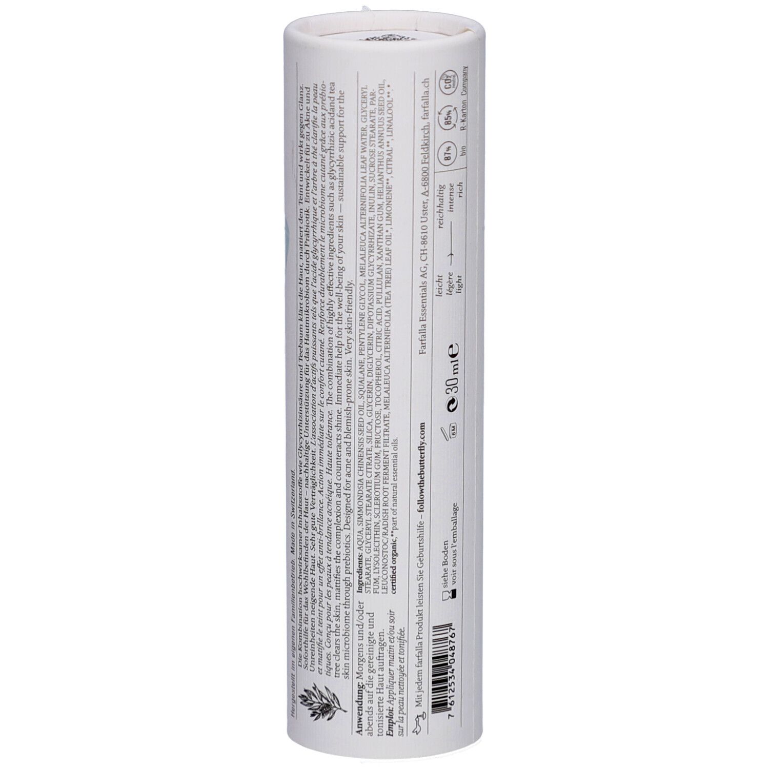 Zylindrische Verpackung. Text und Inhaltsstoffe. Volumen: 30 ml. Logos und Zertifizierungen. Hergestellt in der Schweiz.