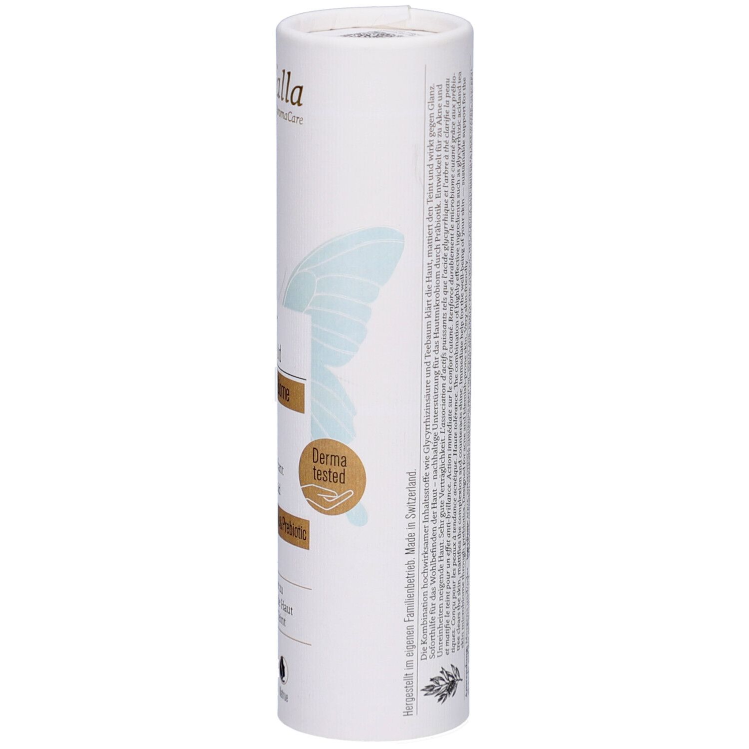 Zylindrische Verpackung. Text: Skinclear Mattifier Fluid, Derma tested. Hergestellt in der Schweiz. Marke: farfalla.
