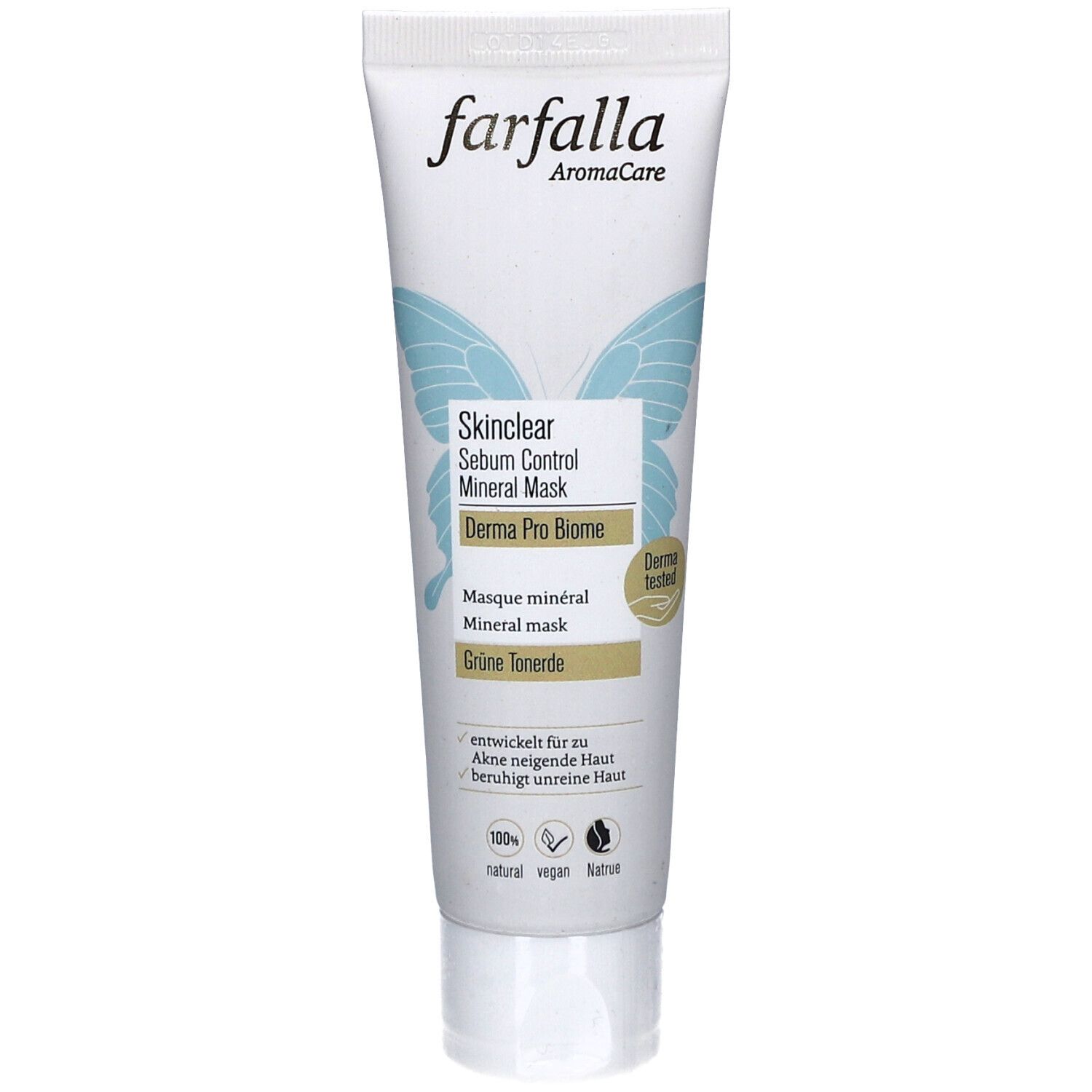 Weiße Tube mit Aufschrift "farfalla AromaCare". Produktname: Skinclear Sebum Control Mineral Mask. Grün-blaue Grafik. "Derma Pro Biome"-Siegel.