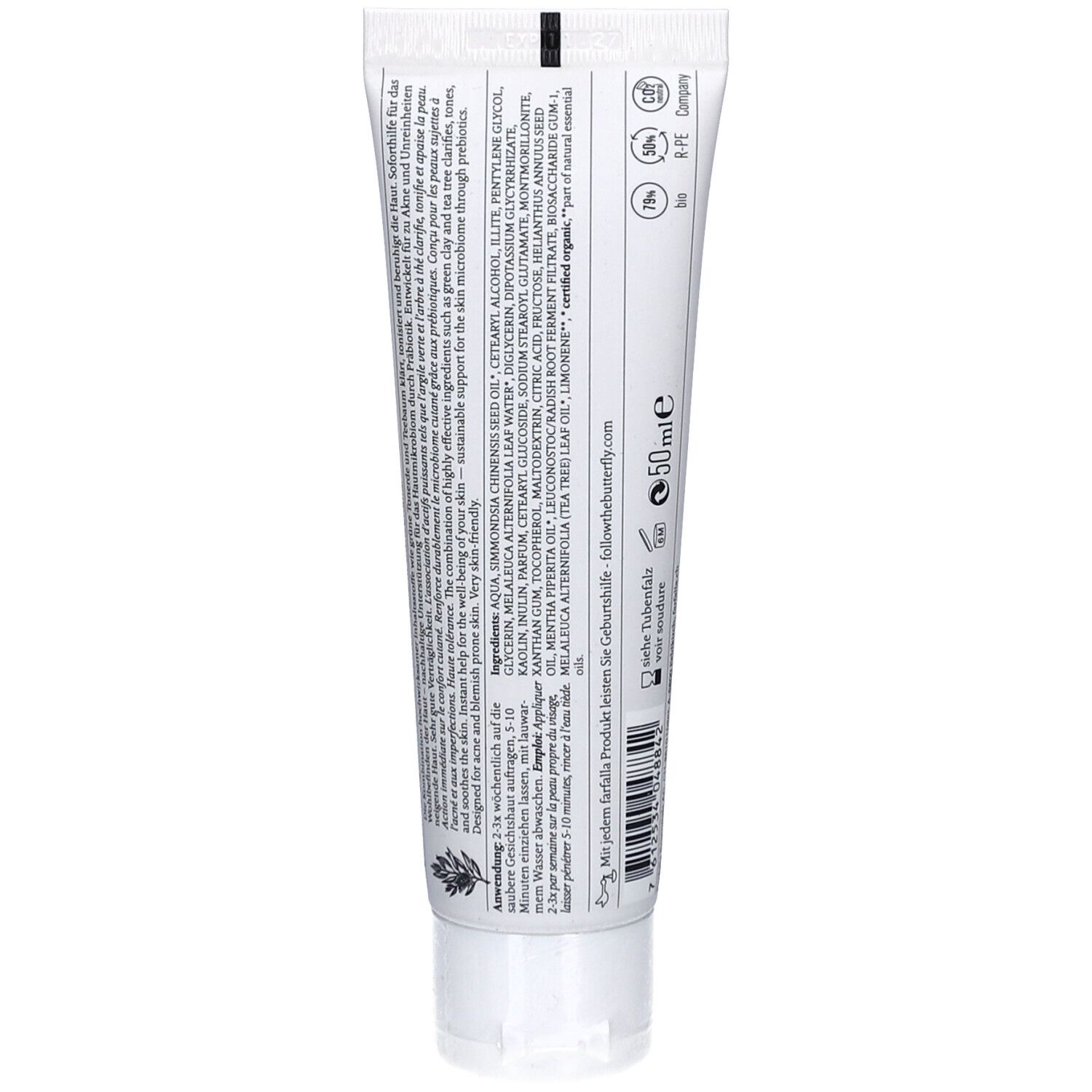 Rückseite der Tube. Enthält Inhaltsstoffe und Informationen. Logo "farfalla". Volumen: 50 ml. Siegel: Vegan, Bio, FSC.