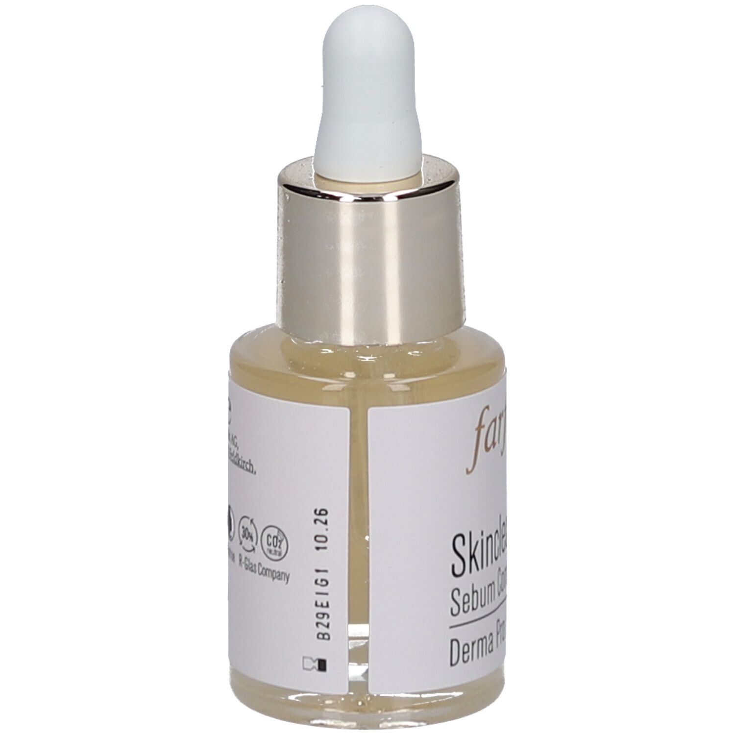 Serumflasche mit Pipette. Aufschrift: Farfalla, Skinclear, Sebum Control Nachtserum, Derma Pro Biome. Rückseite mit Text.