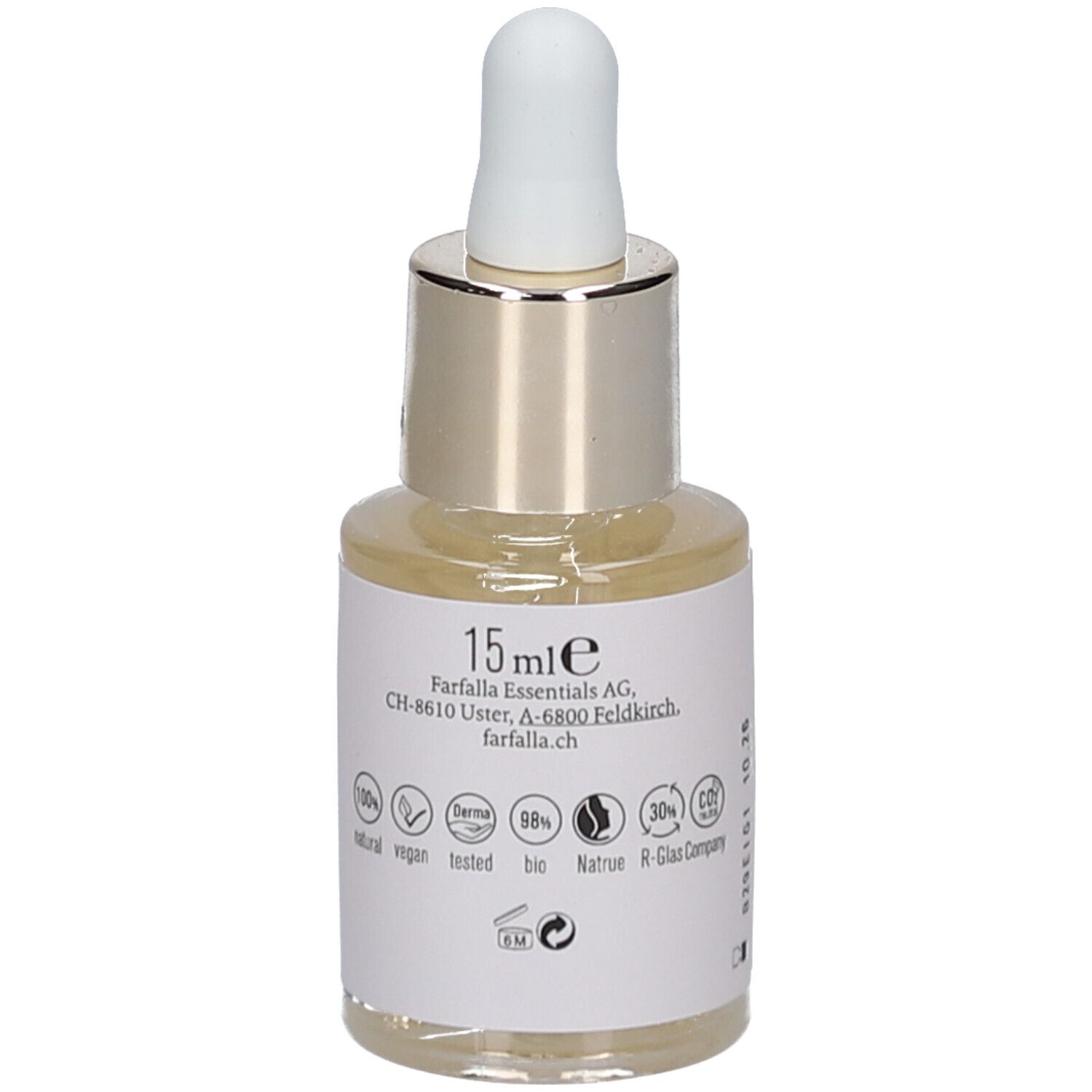 Serumflasche mit Pipette. Aufschrift: Farfalla, 15ml, vegan, bio. Adresse: Farfalla Essentials AG, CH-8610 Uster.