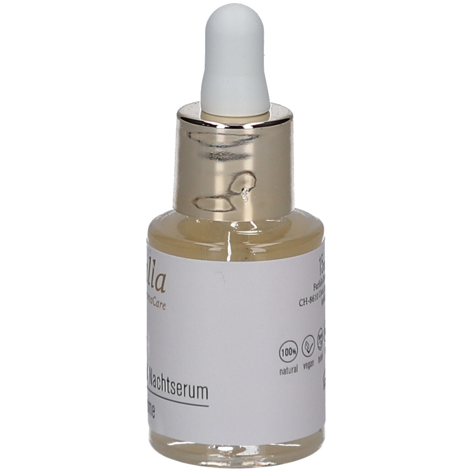 Serumflasche mit Pipette. Aufschrift: Farfalla, Skinclear, Sebum Control Nachtserum. Logos: vegan, natürlich.