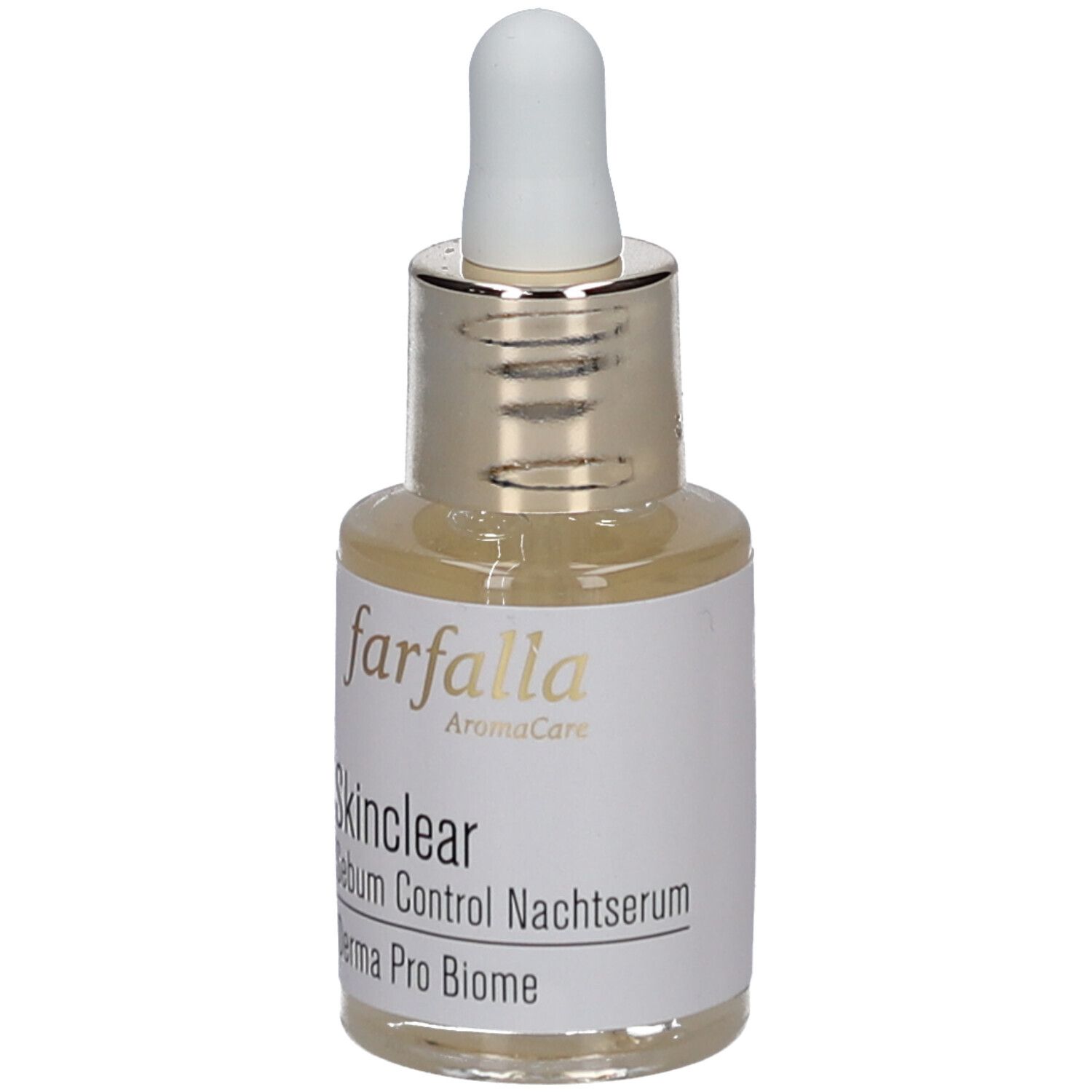 Serumflasche mit Pipette. Aufschrift: Farfalla, Skinclear, Sebum Control Nachtserum, Derma Pro Biome.