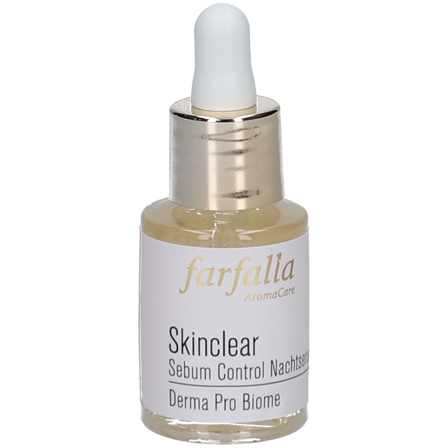 Serumflasche mit Pipette. Aufschrift: Farfalla, Skinclear, Sebum Control Nachtserum, Derma Pro Biome.