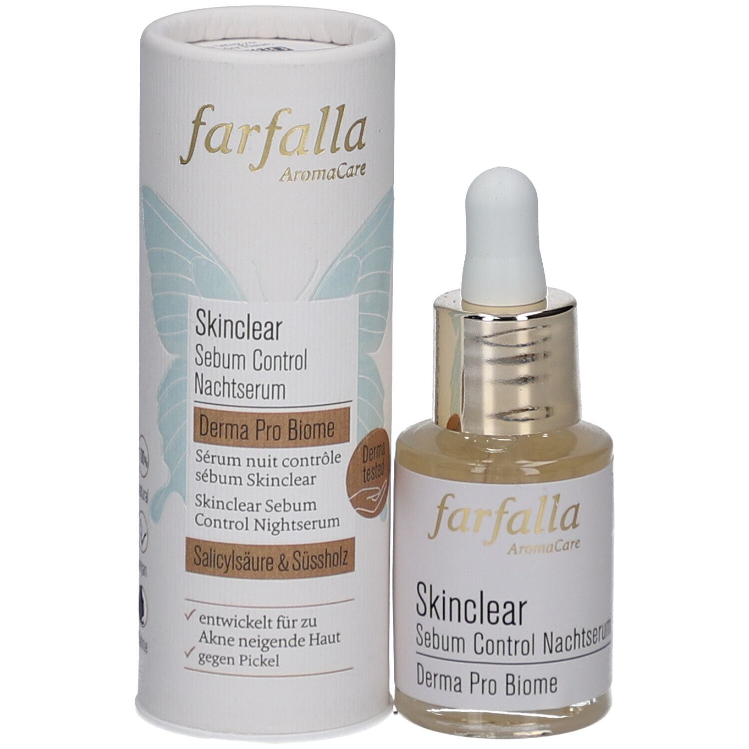 Produktverpackung mit Serumflasche und Karton. Aufschrift: Farfalla, Skinclear, Sebum Control Nachtserum, Derma Pro Biome.
